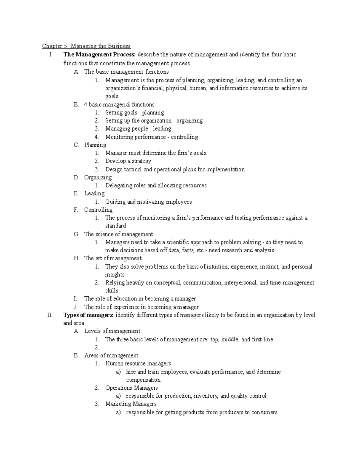 Chapter 5 - Chapter 5: Managing the Business I. The Management Process ...