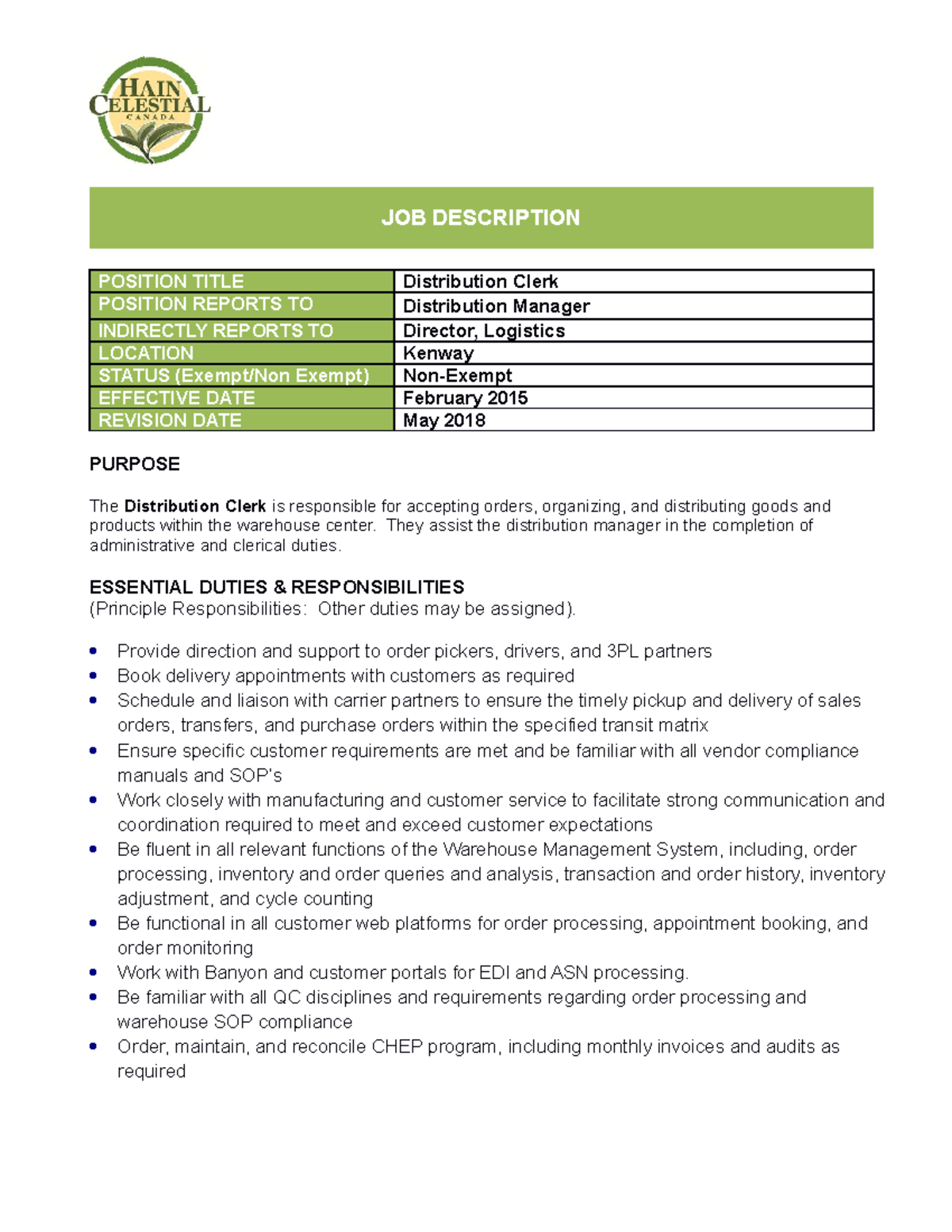 Distribution Clerk 1 Job Description Position Title Distribution Clerk Position Reports To 1791