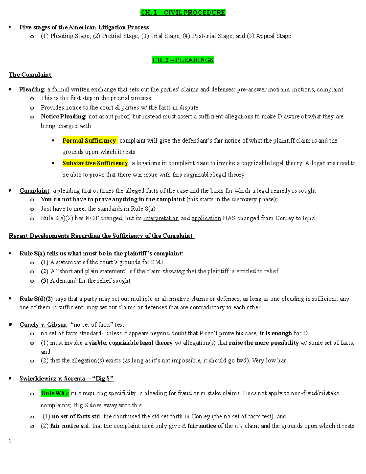 Civ Pro Outline - CH. 1 – CIVIL PROCEDURE Five Stages Of The American ...