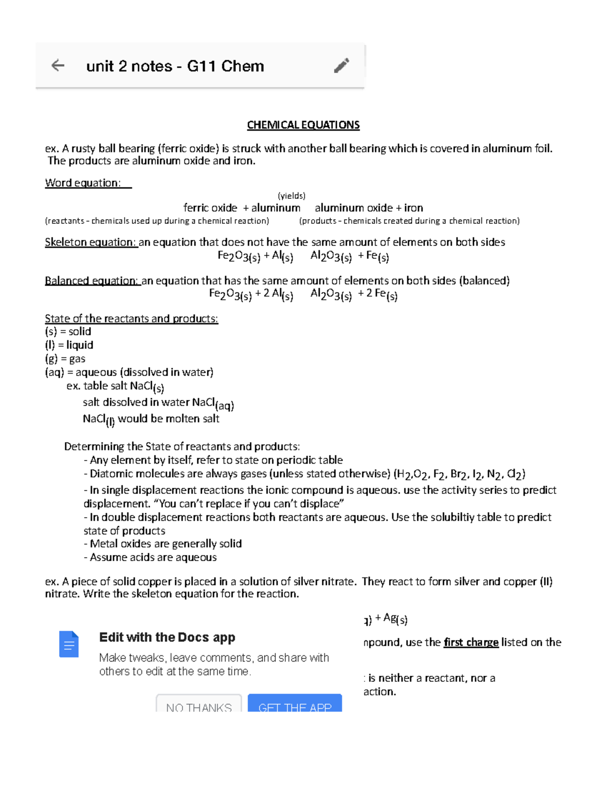 Unit 2 notes G11 Chem CHEMICAL EQUATIONS ex. A rusty ball bearing