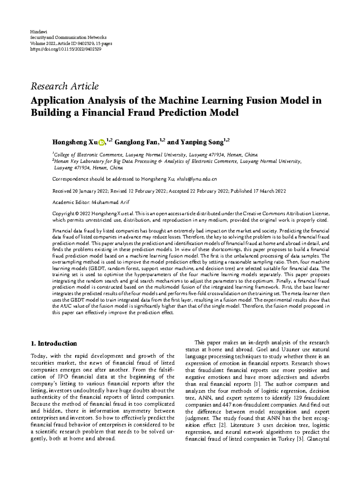 Application Analysis of the Machine Learning Fusio - edu Received 20 ...