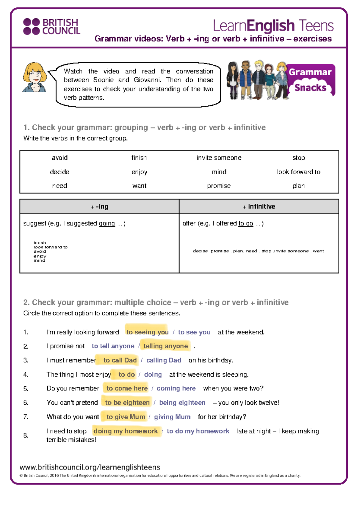 Gs verbs - exercises 1 - exercise - Grammar videos: Verb + -ing or verb ...
