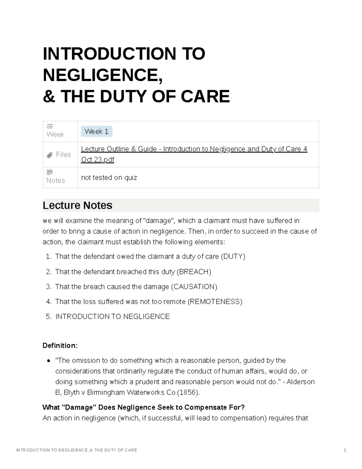 Introduction TO Negligence, & THE DUTY OF CARE ...