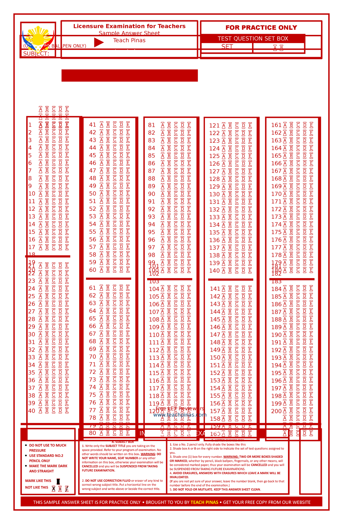 LET Answer Sheet V1.0 www.teachpinas.com - NAME: (USE BLACK BALLPEN ...