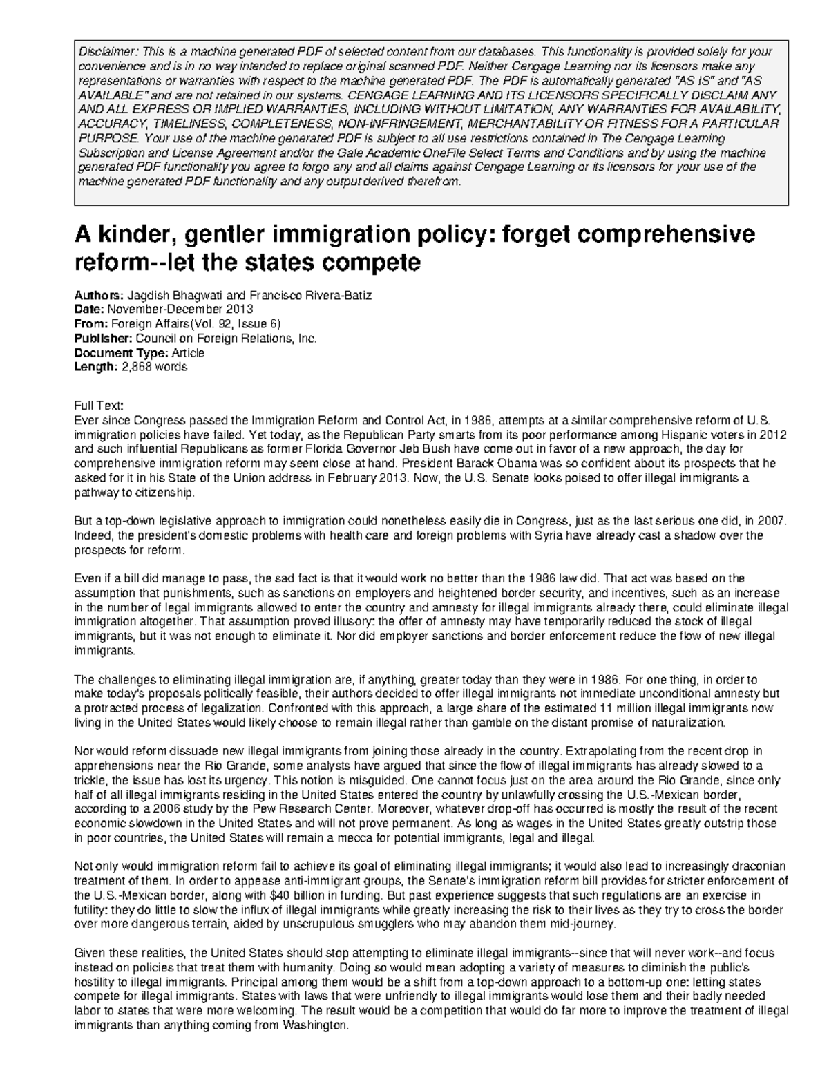 8. A kinder gentler immigration p Disclaimer This is a machine