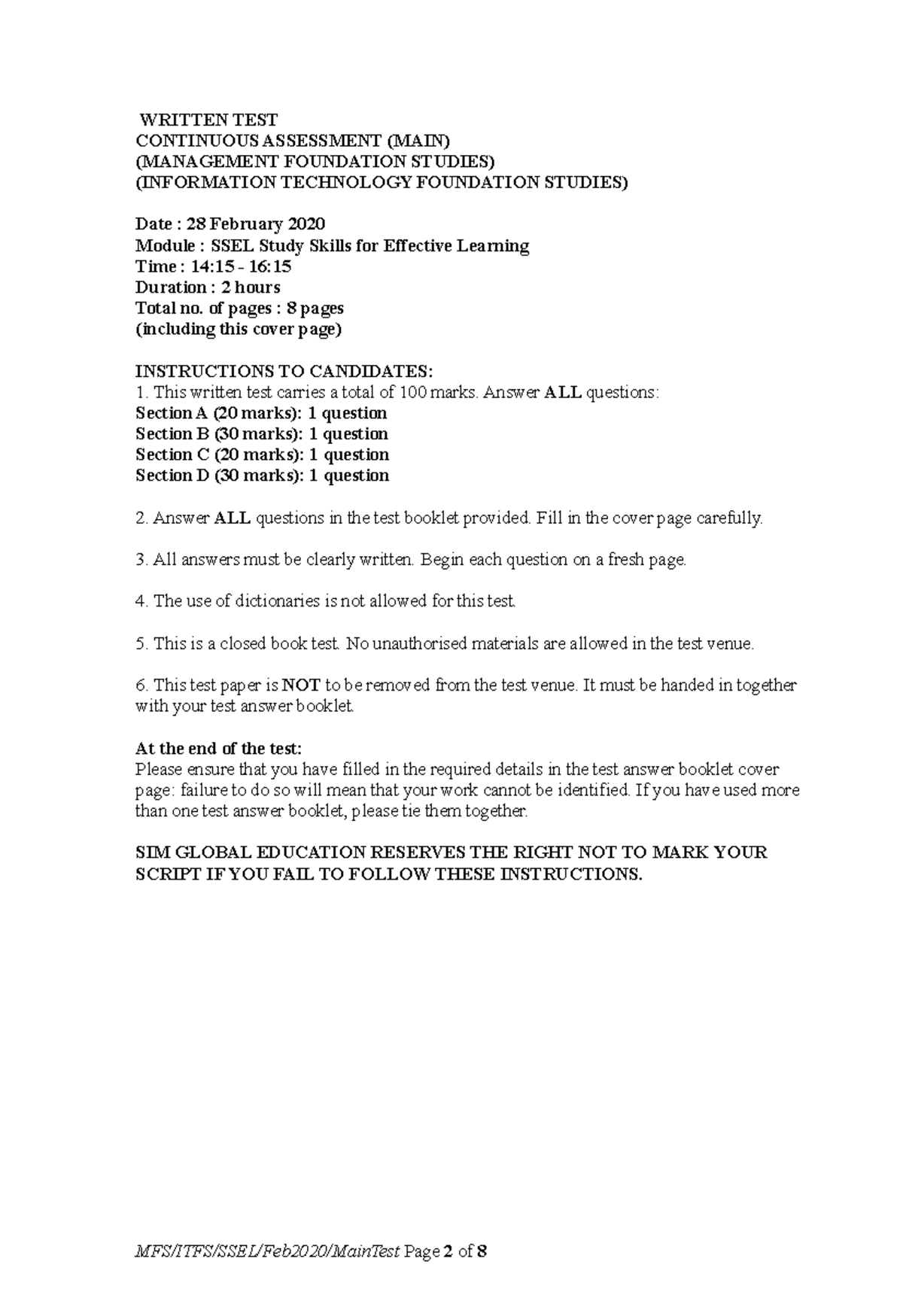 Study Skill For Effective Learning - WRITTEN TEST CONTINUOUS ASSESSMENT ...
