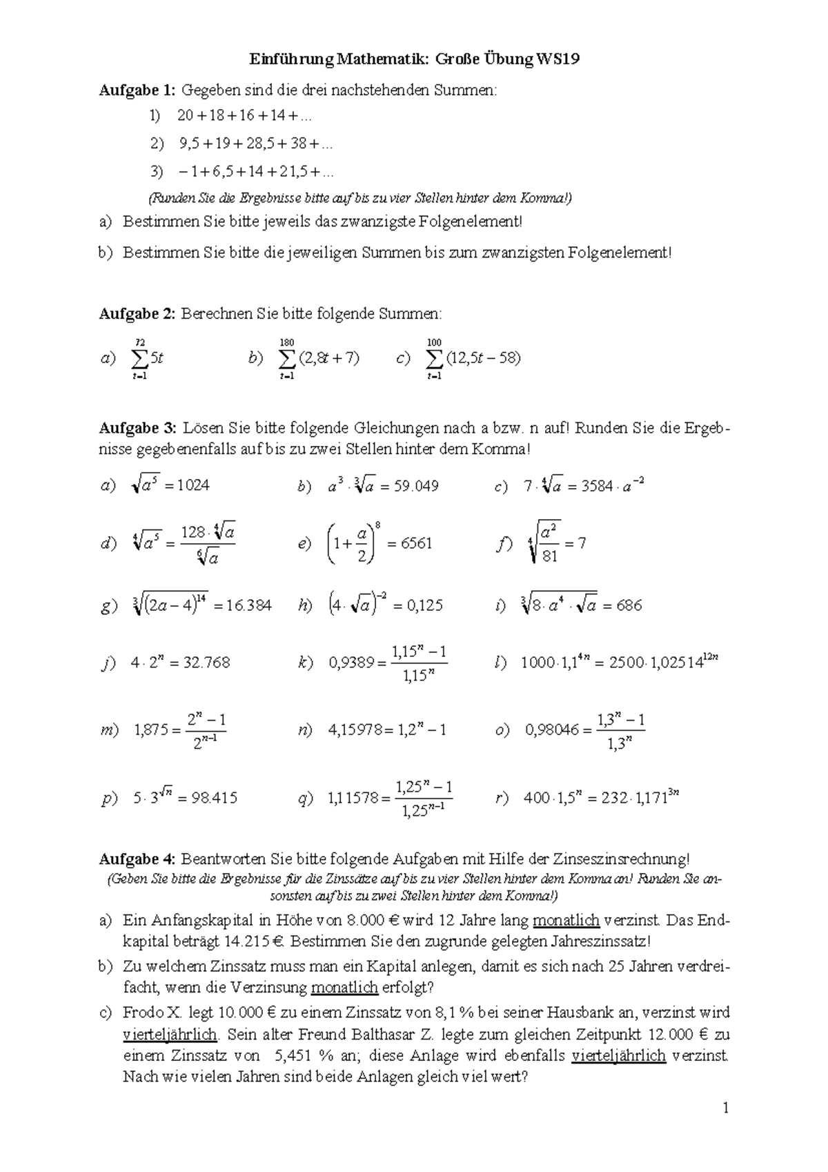 Mathematik Große Übung WS19 - Aufgabe 1: Gegeben sind die drei ...