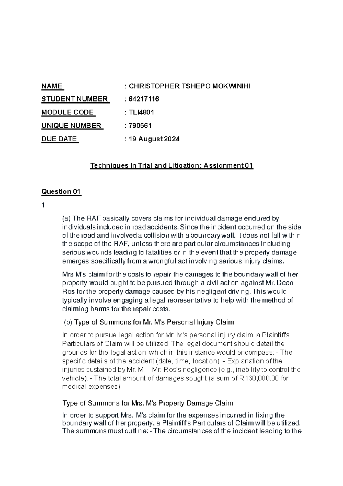 64217116 TLI4801 ASS01 - NAME : CHRISTOPHER TSHEPO MOKWINIHI STUDENT ...