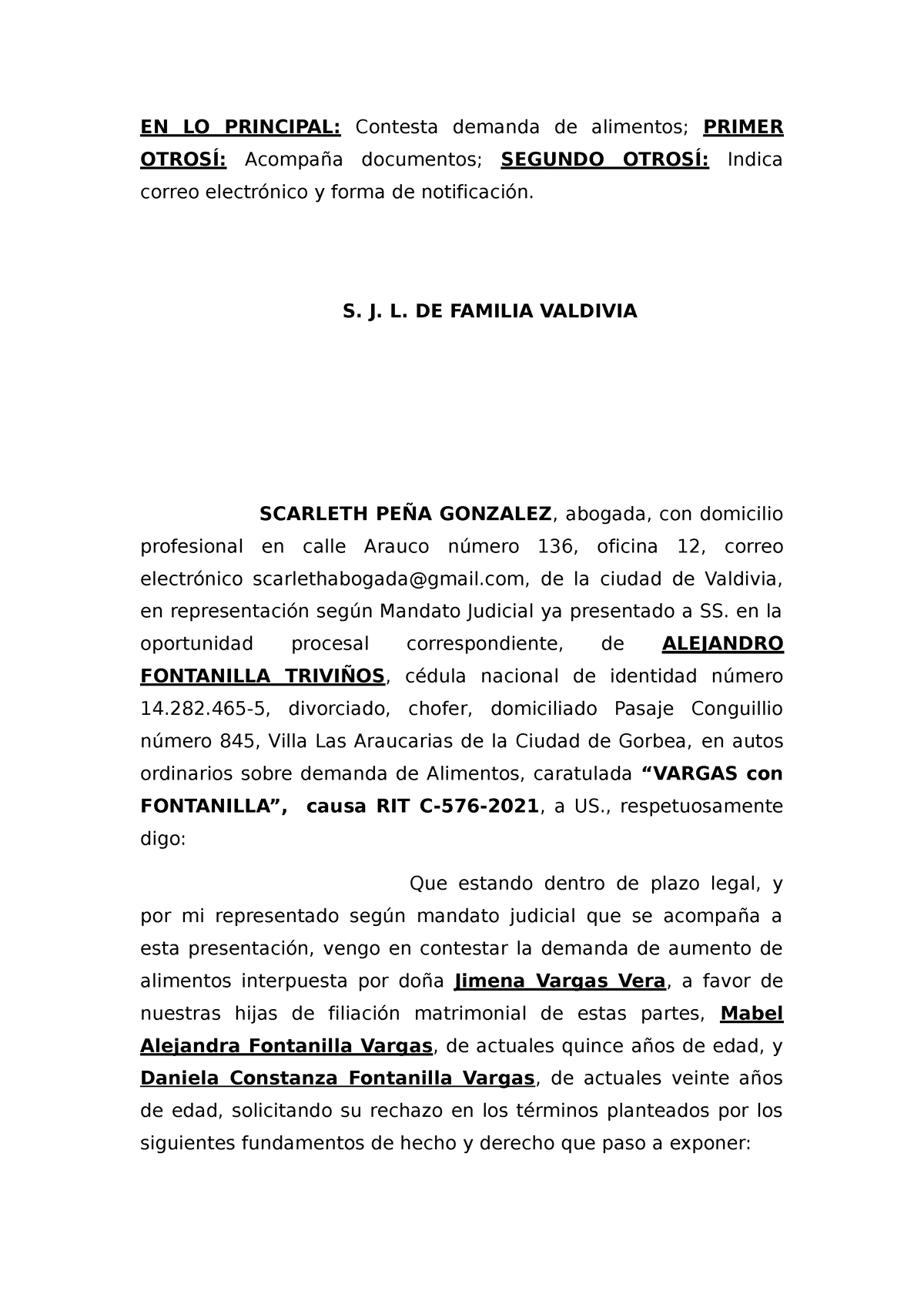 Contestacion Alejandro Fontanilla En Lo Principal Contesta Demanda De Alimentos Primer 3325