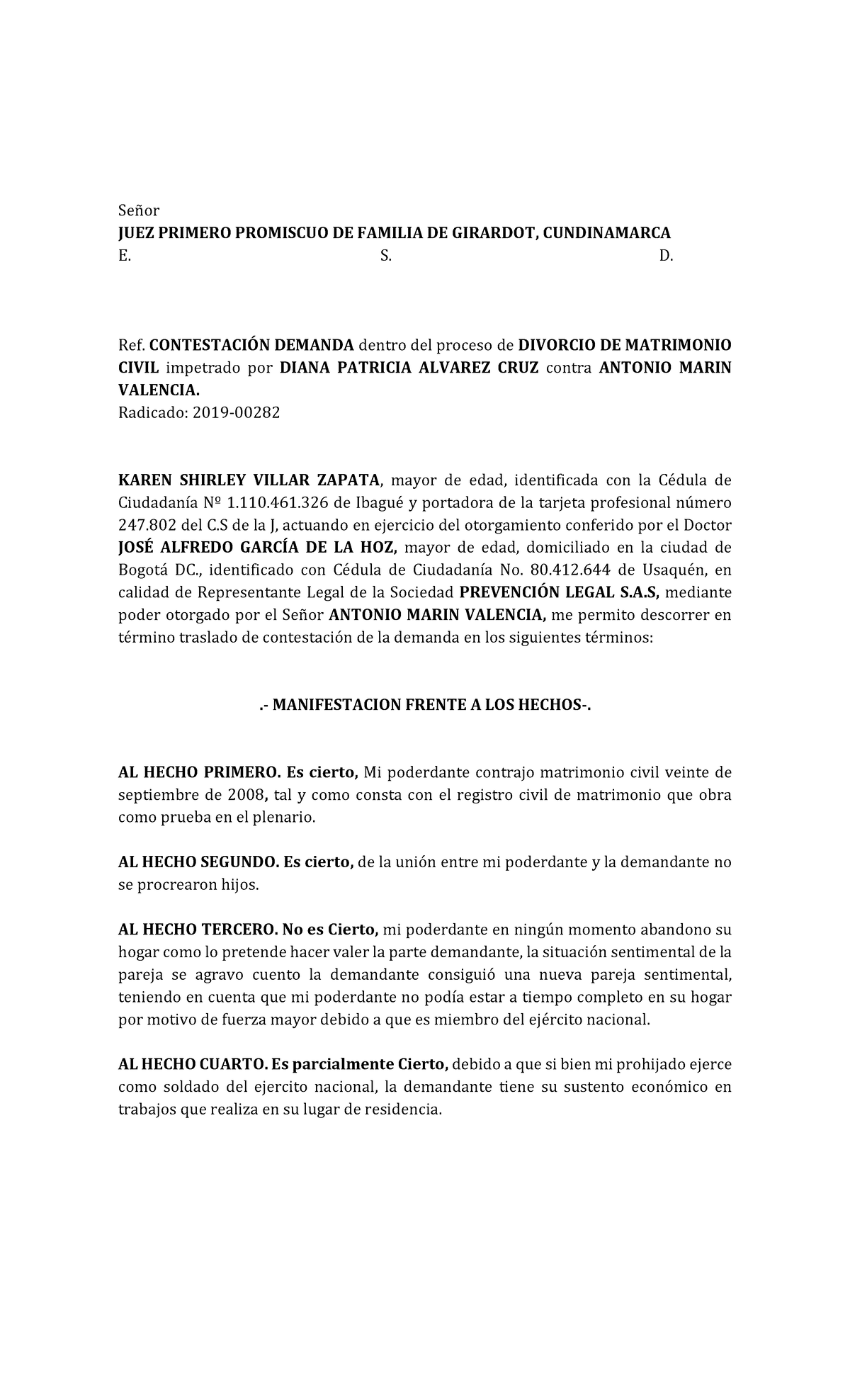 Contestacion Demanda De Divorcio Contencioso - Señor JUEZ PRIMERO PROMISCUO  DE FAMILIA DE GIRARDOT, - Studocu