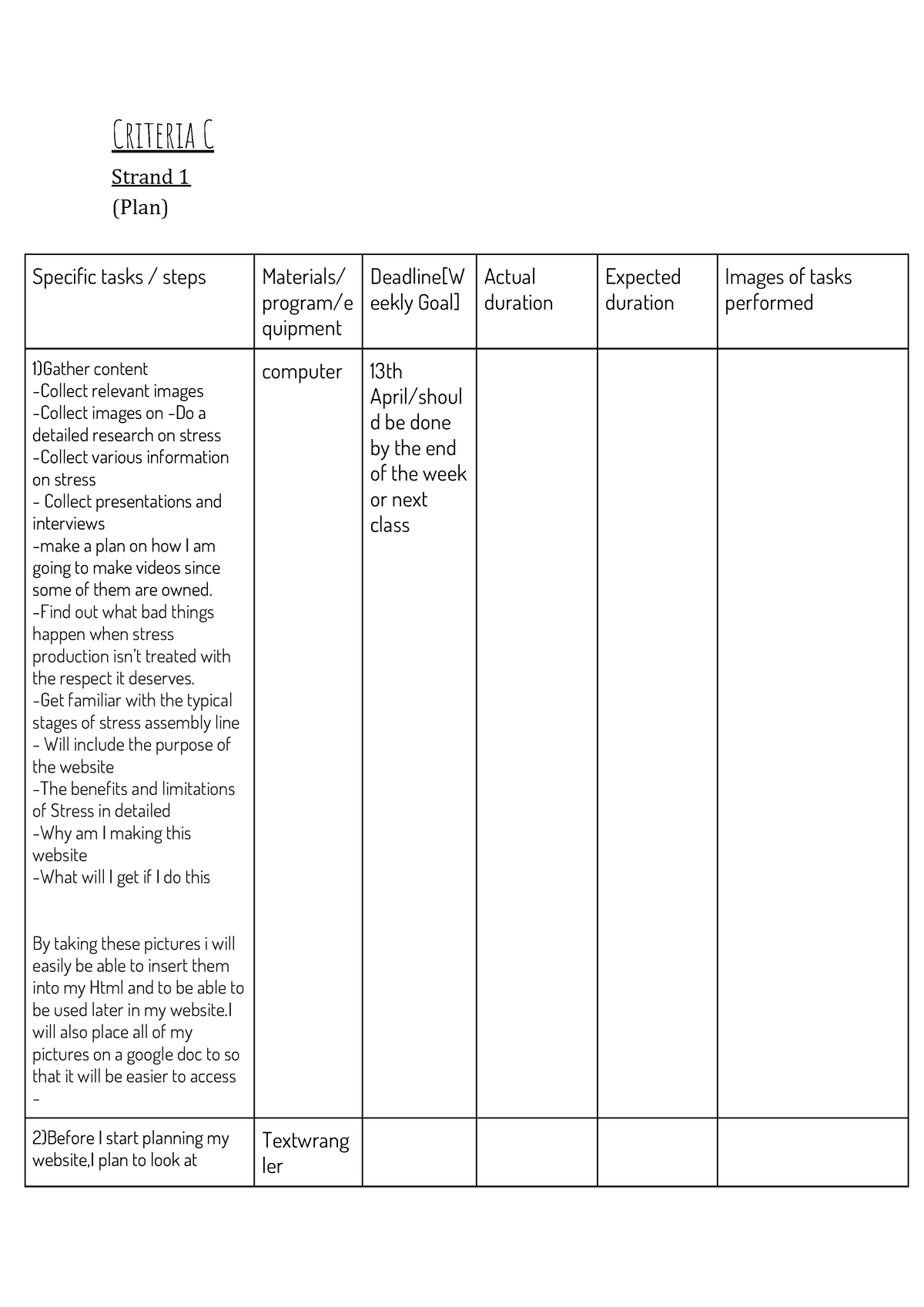 Design technology - Criteria C Strand 1 (Plan) Specific tasks / steps ...