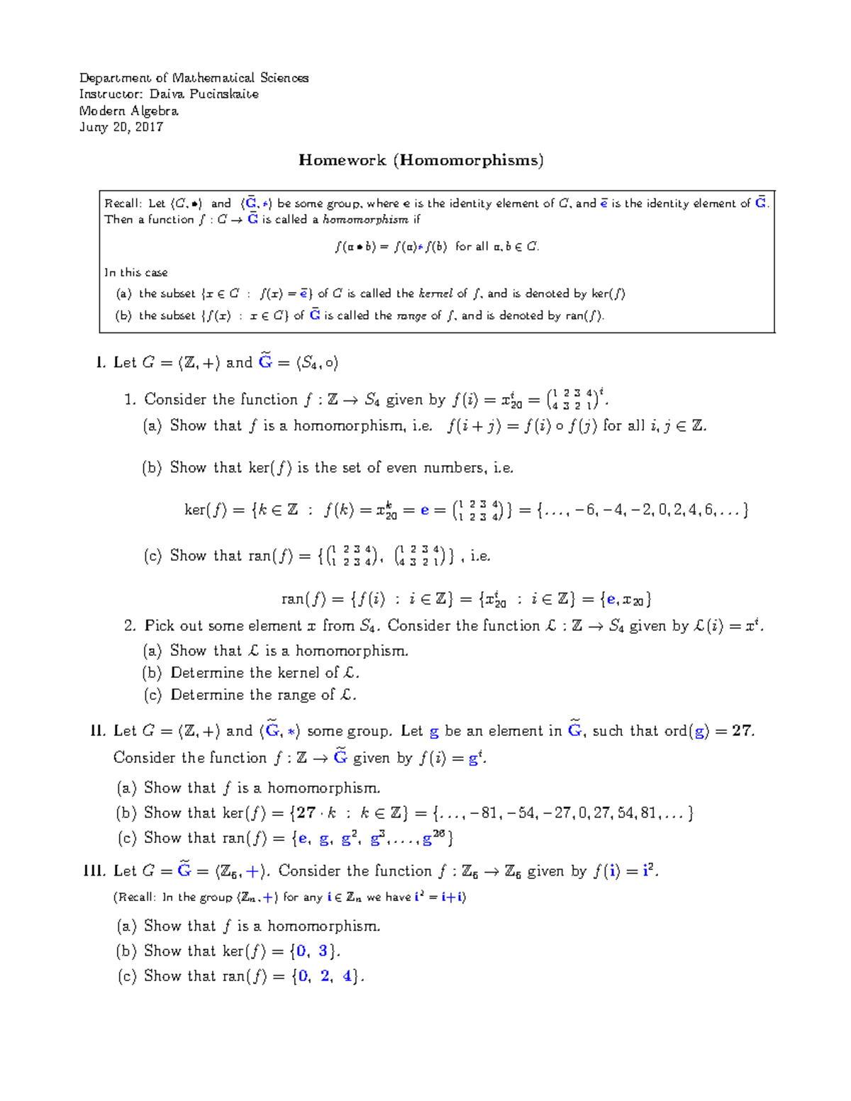Modern Algebra Summer 17 Homework 19 Department Of Mathematical Sciences Instructor Daiva Studocu