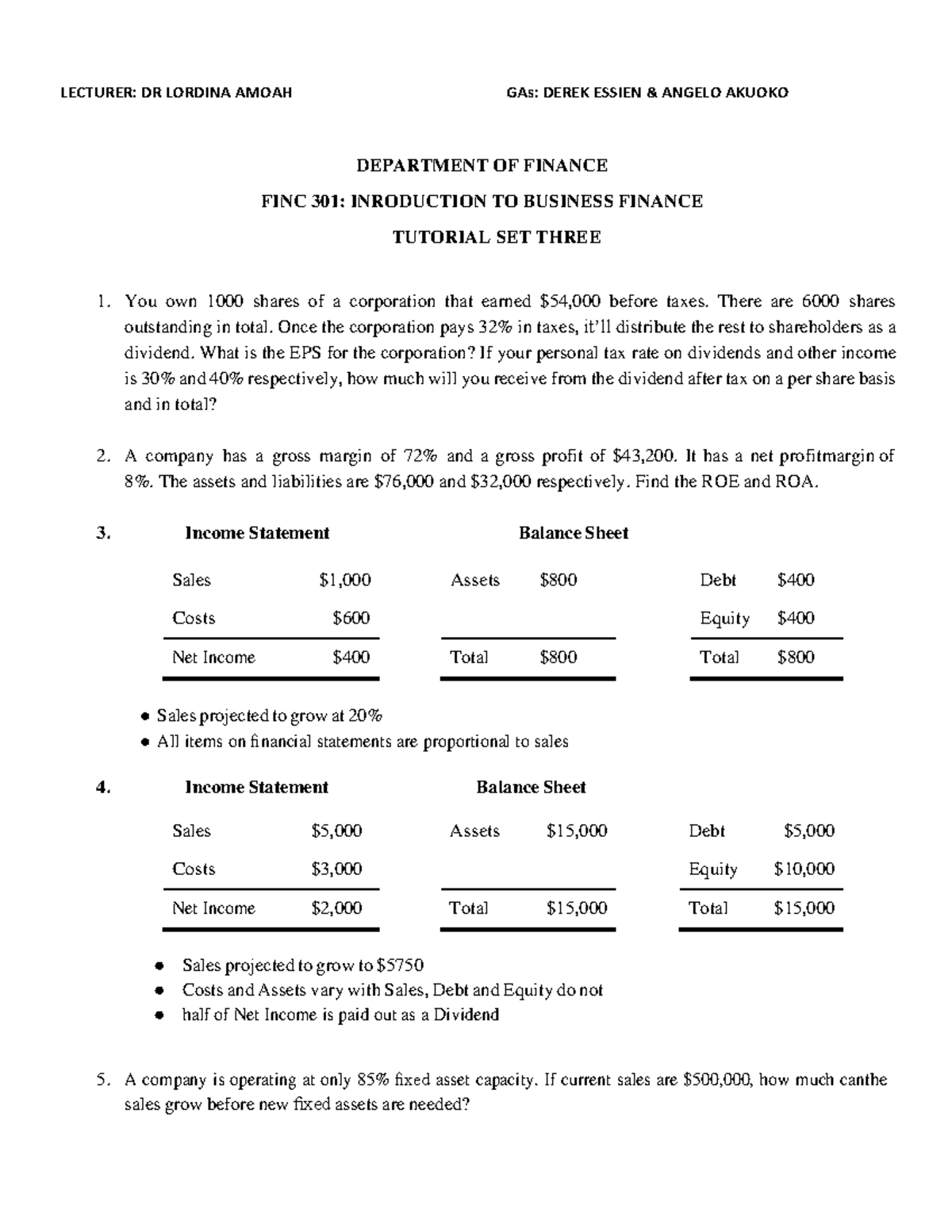 Finc 301 Set 3 Good Department Of Finance Finc 301 Inroduction To Business Finance Tutorial 2216