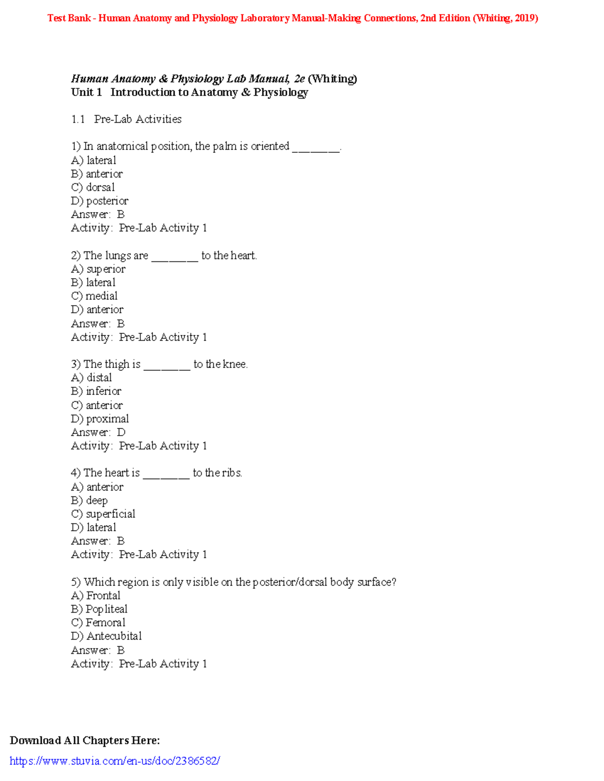 Test Bank Human Anatomy and Physiology Laboratory ManualMaking