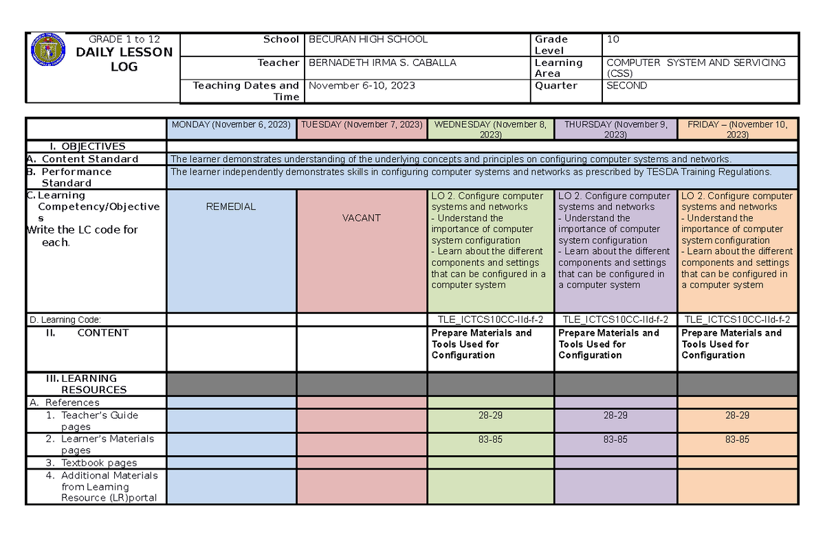 DLL ICT 10 2nd quarter week 1 - GRADE 1 to 12 DAILY LESSON LOG School ...