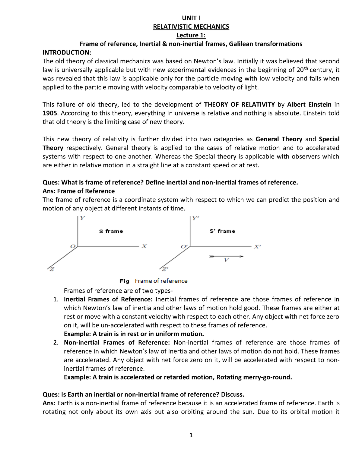 Engineering Physics Notes - UNIT I RELATIVISTIC MECHANICS Lecture 1 ...