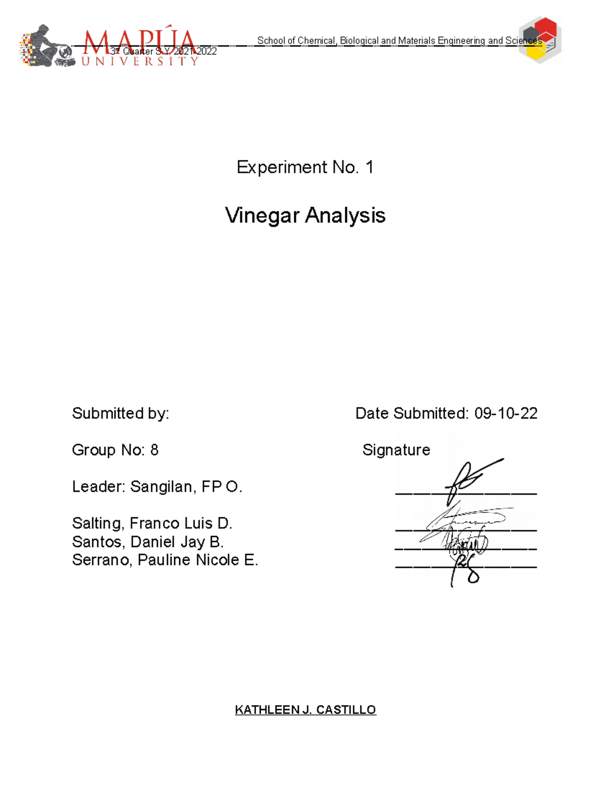 FinalReport Group8 lab report 3 rd Quarter S. 2021 Experiment No. 1 Vinegar Analysis