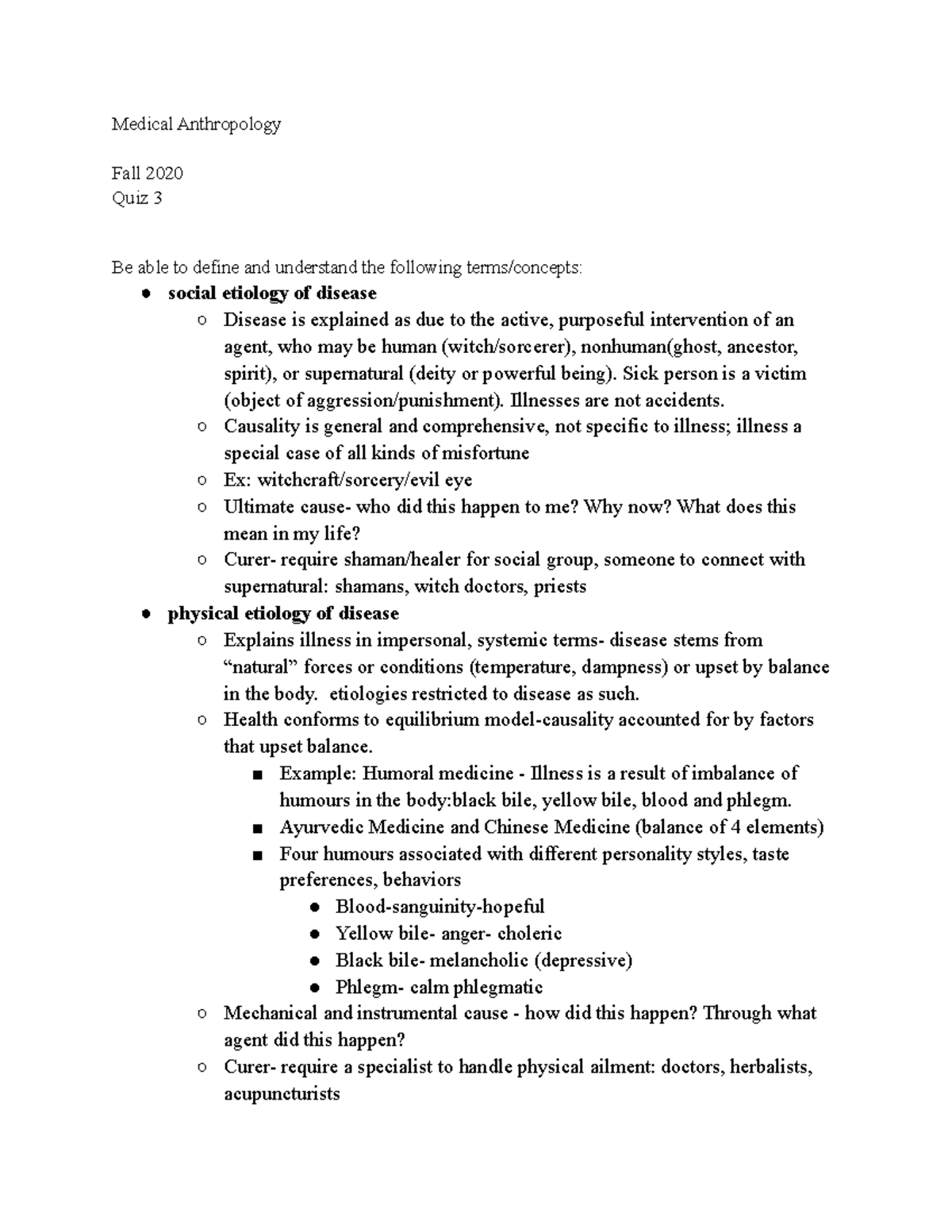 Medical Anthropology Study Guide Quiz 3 Medical Anthropology Fall