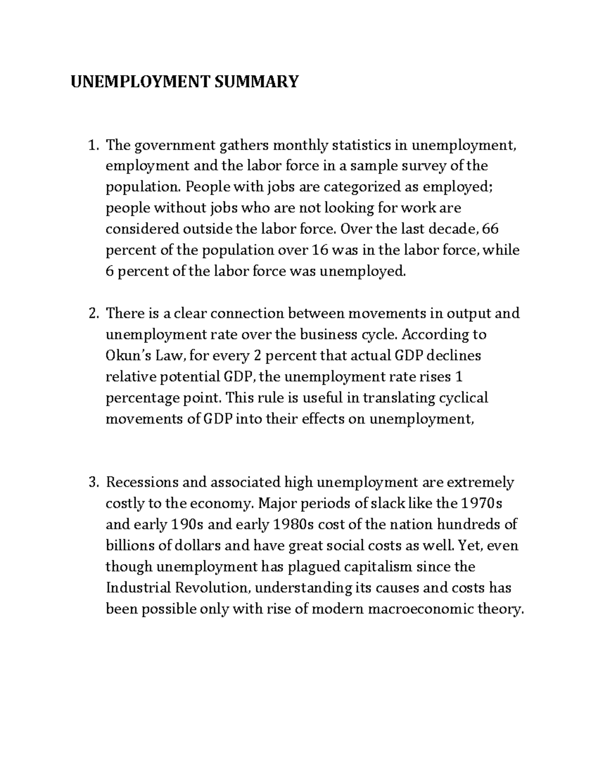 Unemployment Summary - Lecture notes 1-3 - UNEMPLOYMENT SUMMARY The ...
