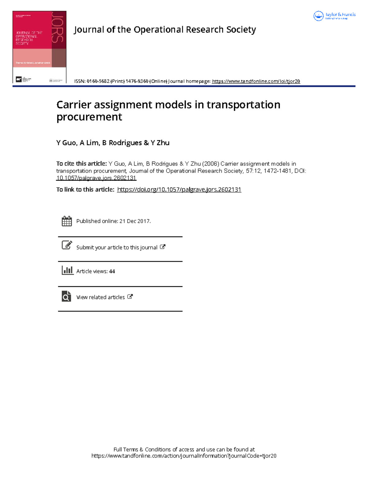 Guo - Carrier assignment models in transportation procurement - Full ...