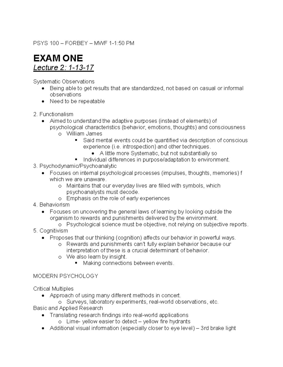 Leture notes - PSYS 100 – FORBEY – MWF 1-1:50 PM EXAM ONE Lecture 2: 1 ...