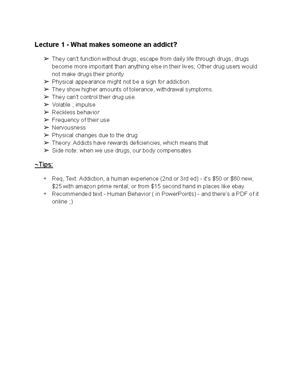 Lectures 1 & 2 Notes (Intro to class and definining addiction ...