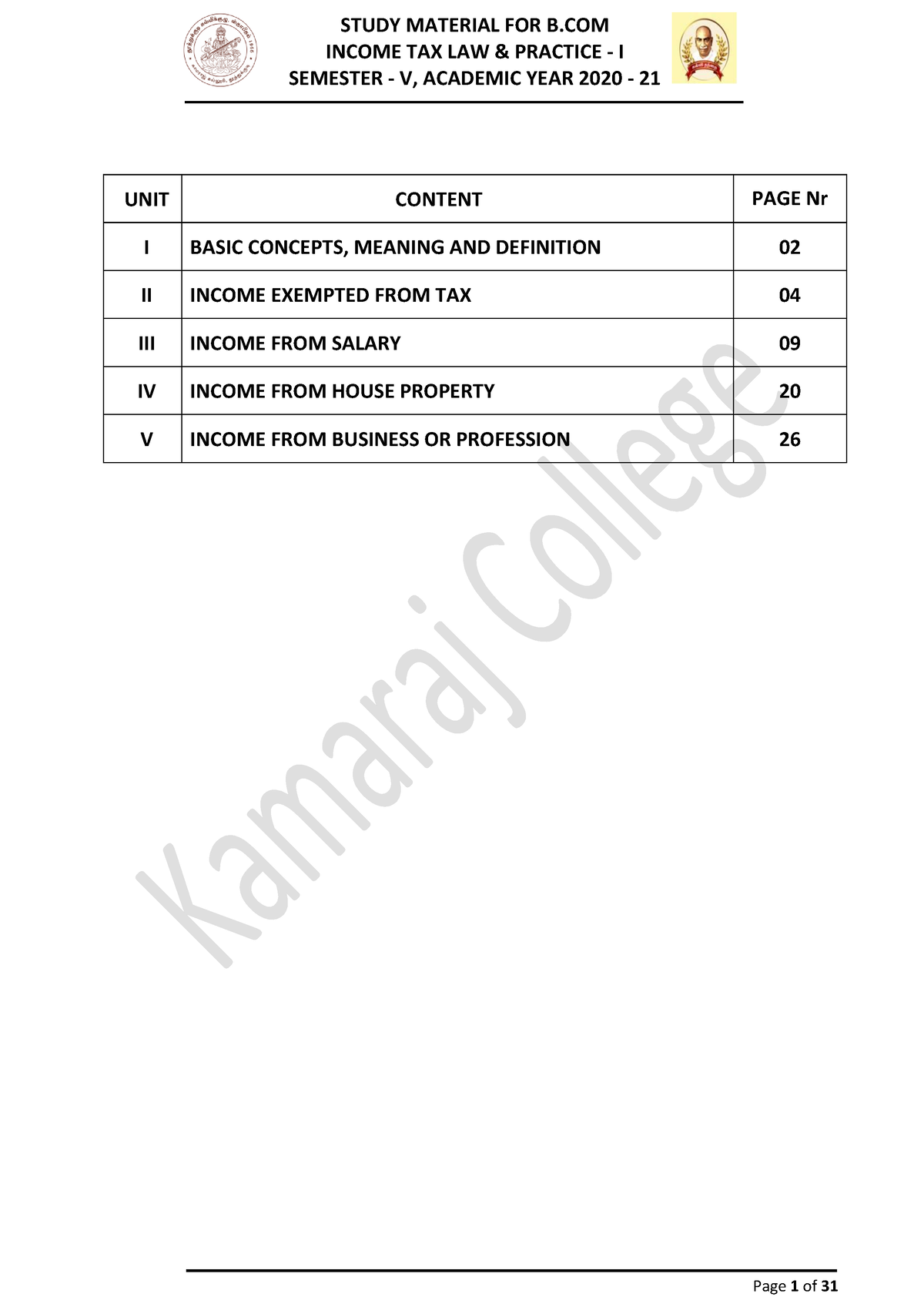 Income Tax Law And Practice Study Material Income Tax Law Practice I Semester V Studocu