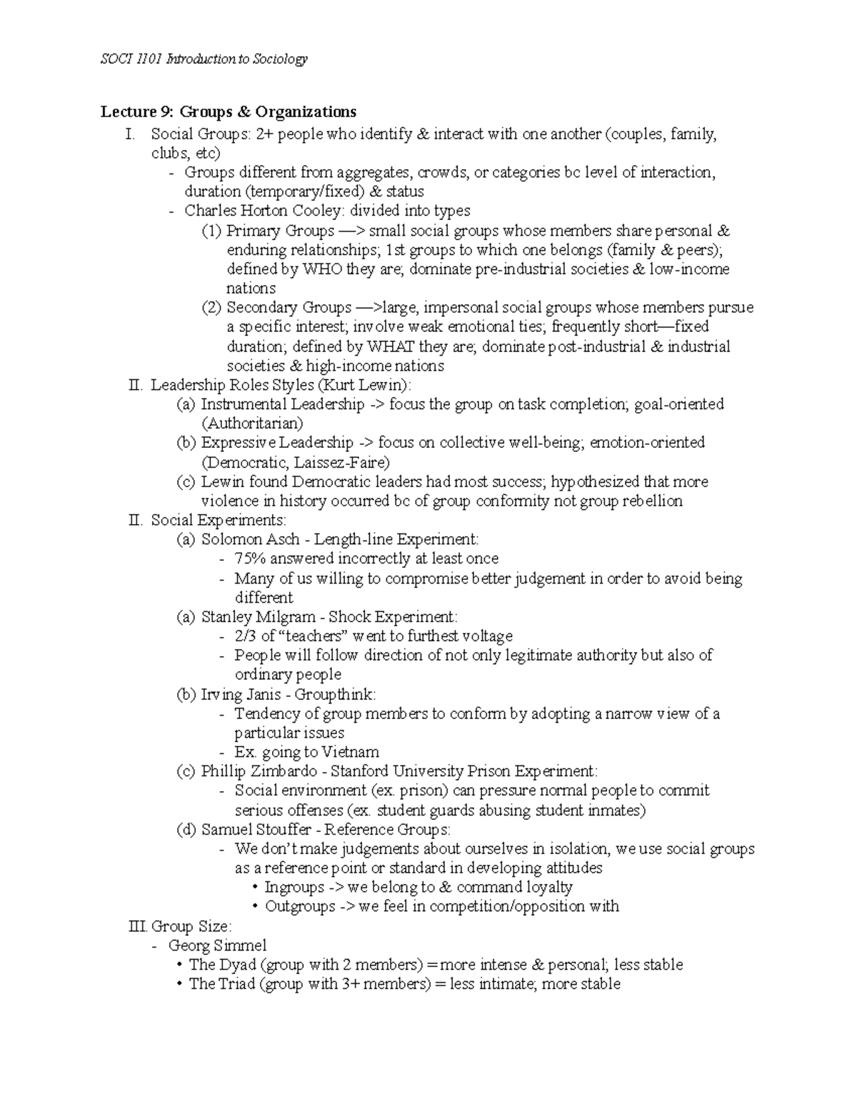 SOCI 1101 Intro to Sociology Lecture 9 - SOCI 1101 Introduction to ...