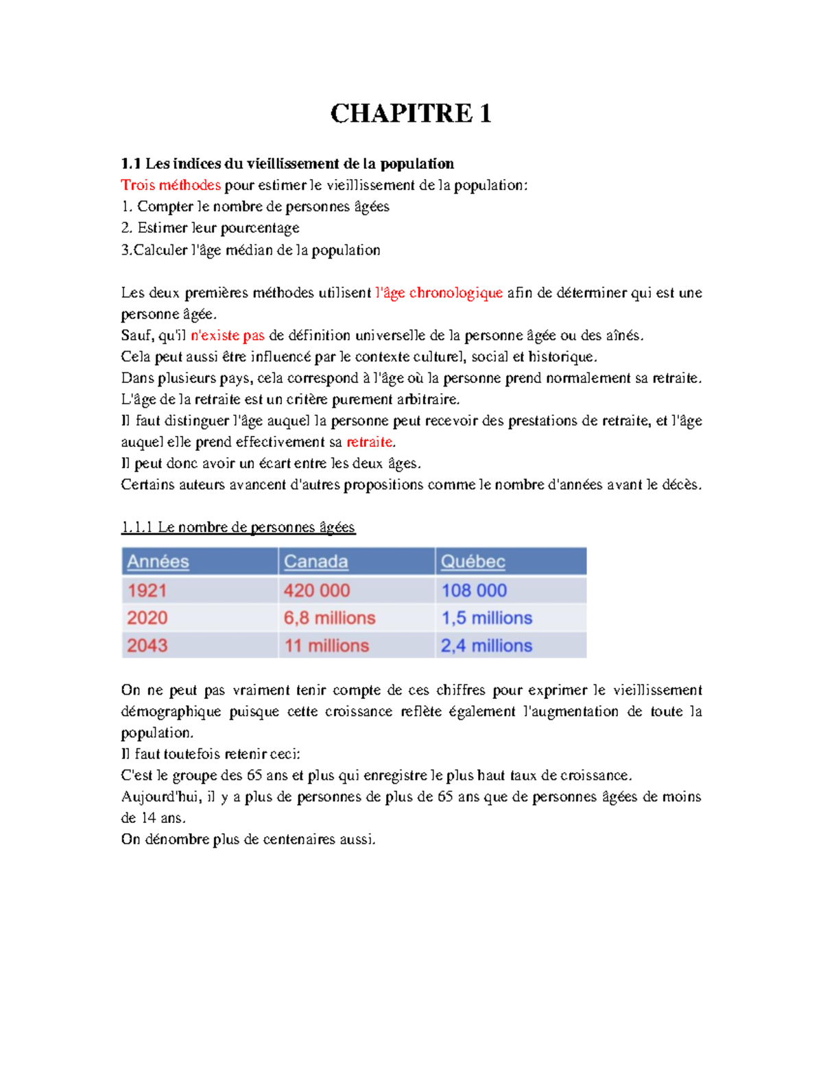 Examen 1 - CHAPITRE 1 1 Les indices du vieillissement de la population ...