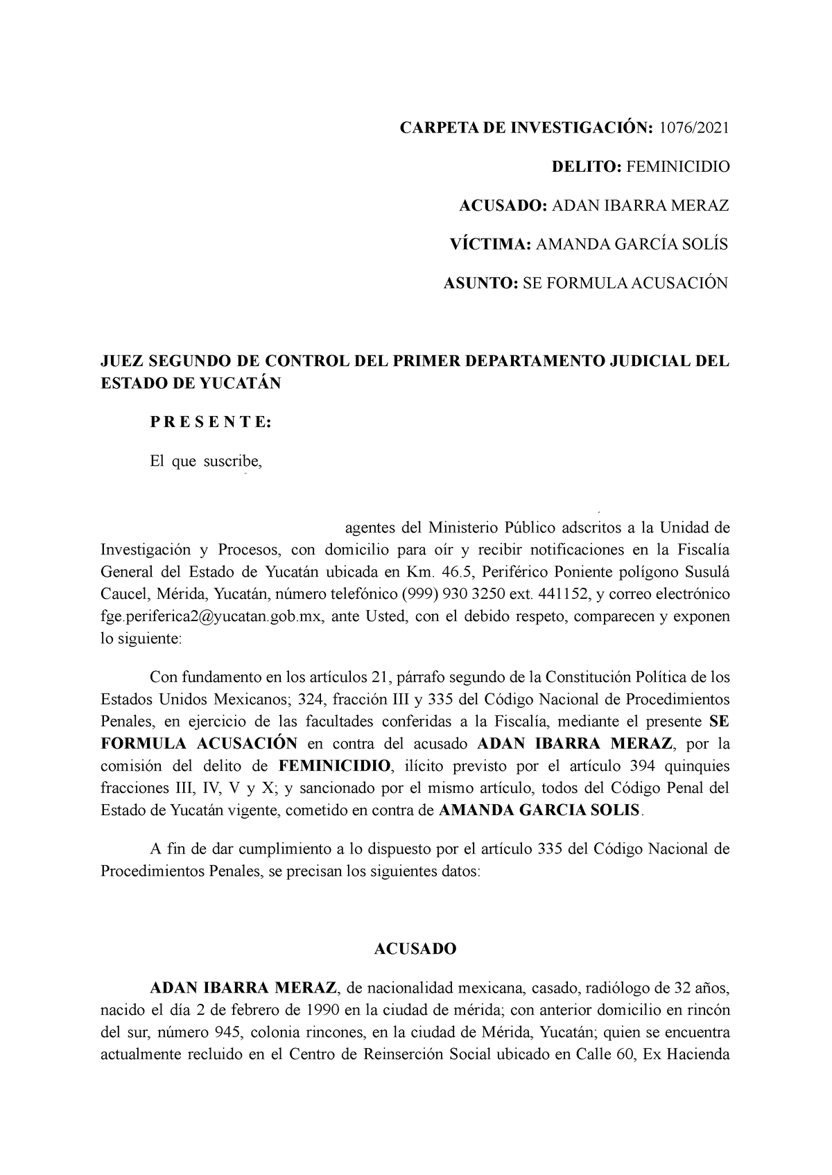 Escrito De Acusación - CARPETA DE INVESTIGACIÓN: 1076/ DELITO ...