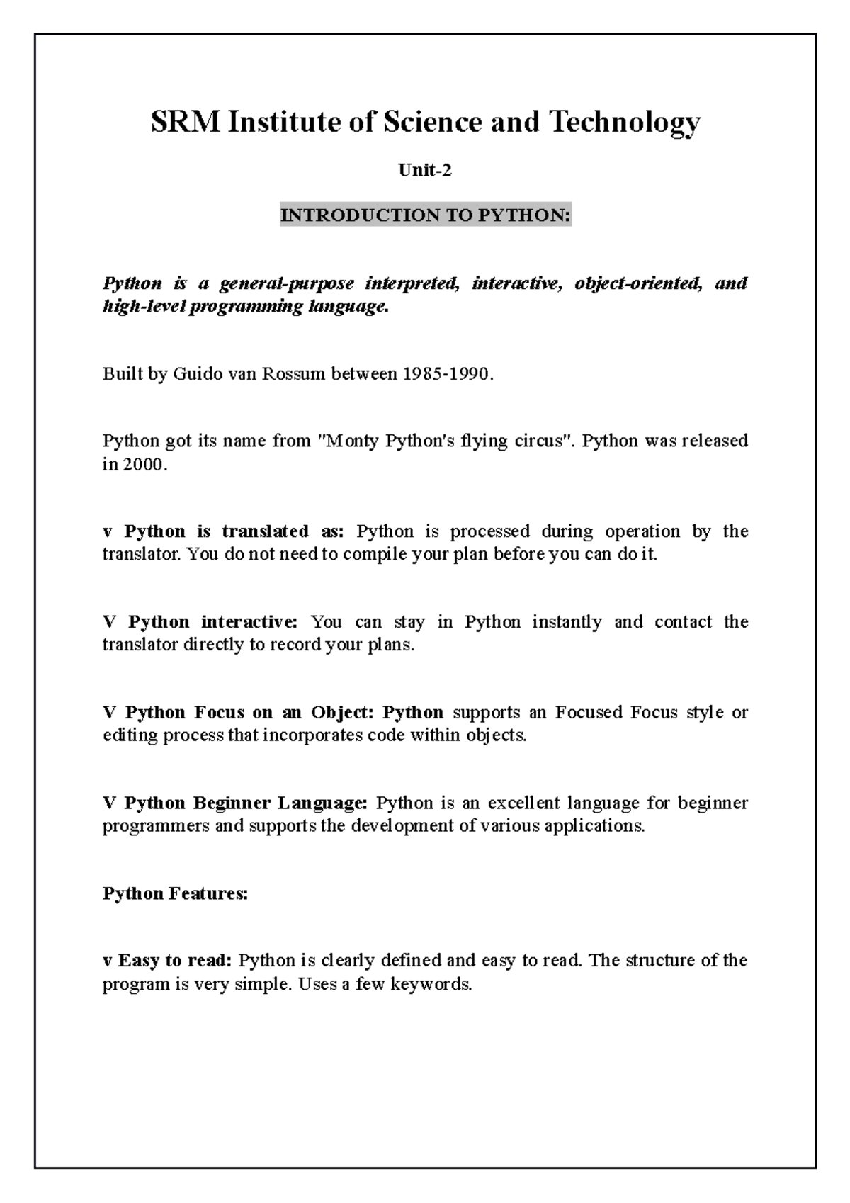 Introduction TO Python - SRM Institute of Science and Technology Unit ...