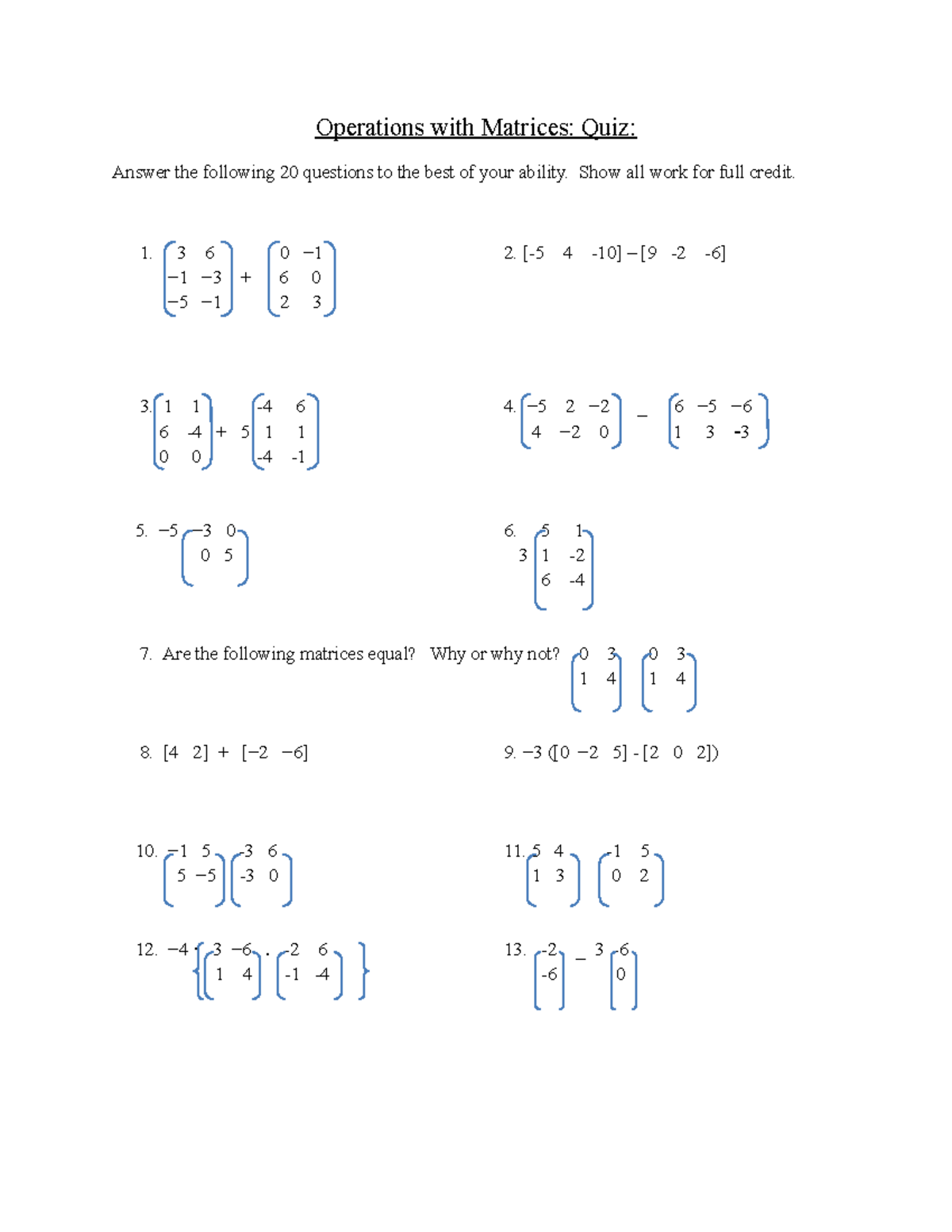 Operations with matrices quiz - Operations with Matrices: Quiz: Answer ...
