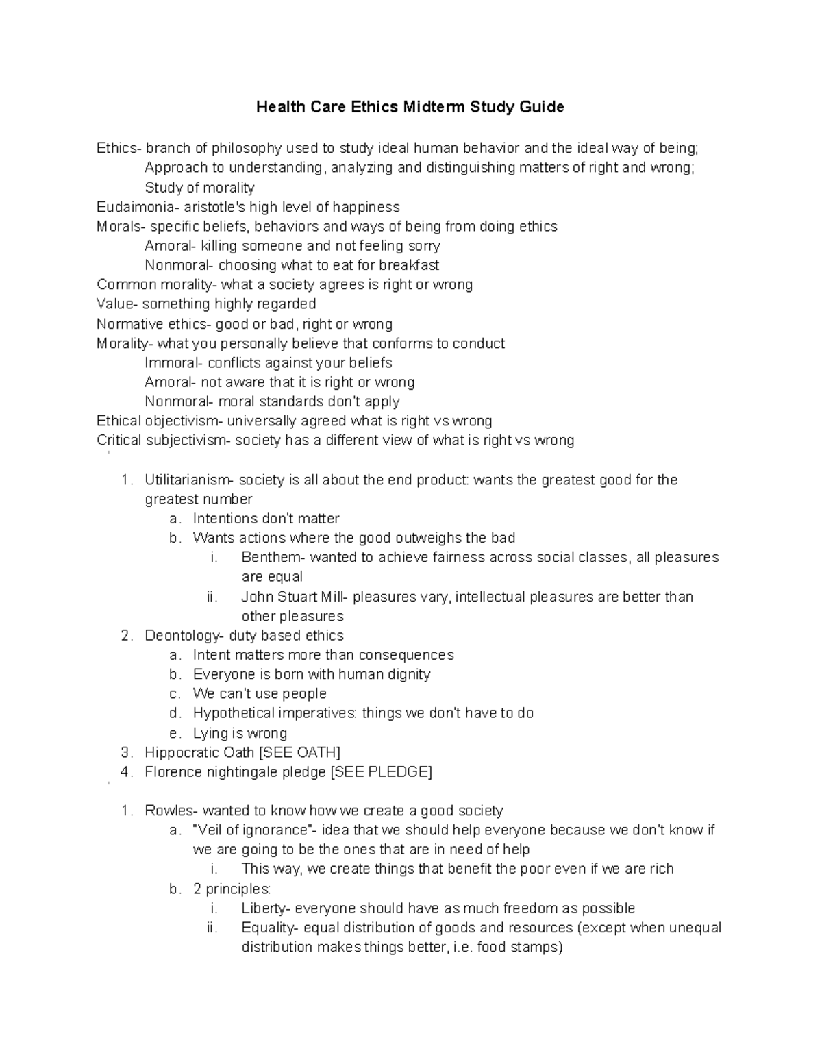HCE midterm study guide - Health Care Ethics Midterm Study Guide branch ...