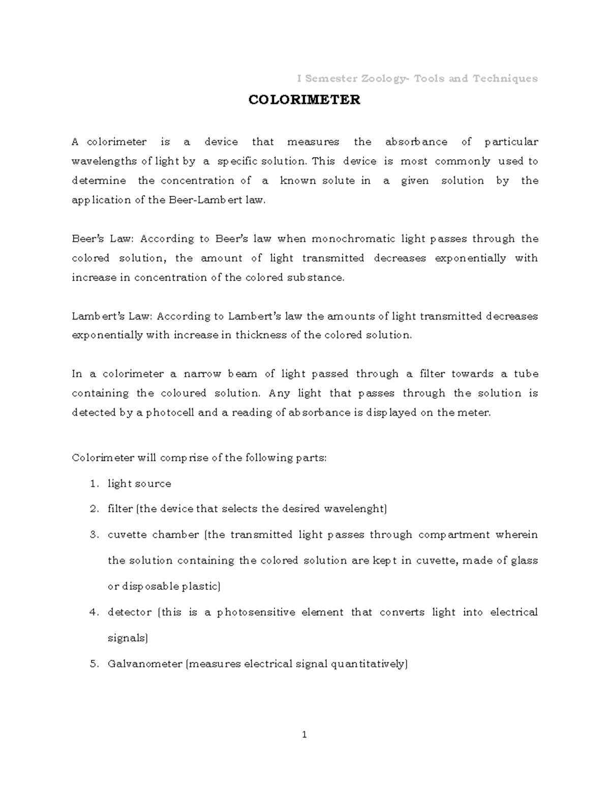 Instrumentation Reference I Semester Zoology Tools and Techniques