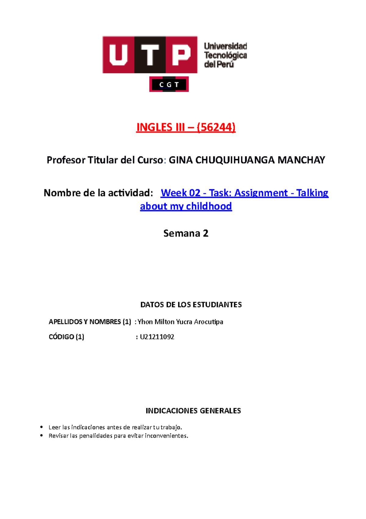 Caratula PARA WEEK 6 PARA HOY CON Fredy - INGLES III – (56244) Profesor ...
