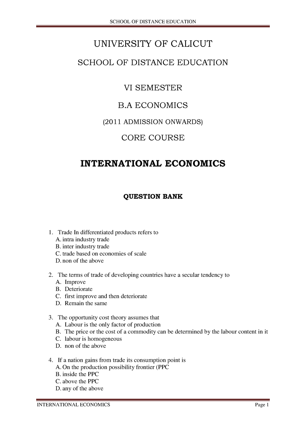 QB-BA Ecnomics-VI Sem Core Course-International Economics - BA ...