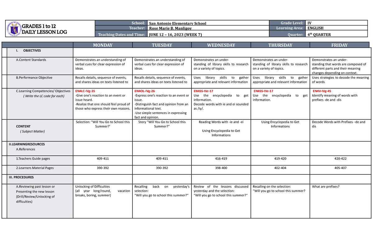 DLL English 4 Q4 W7 - practice materials - Bachelor of Secondary ...