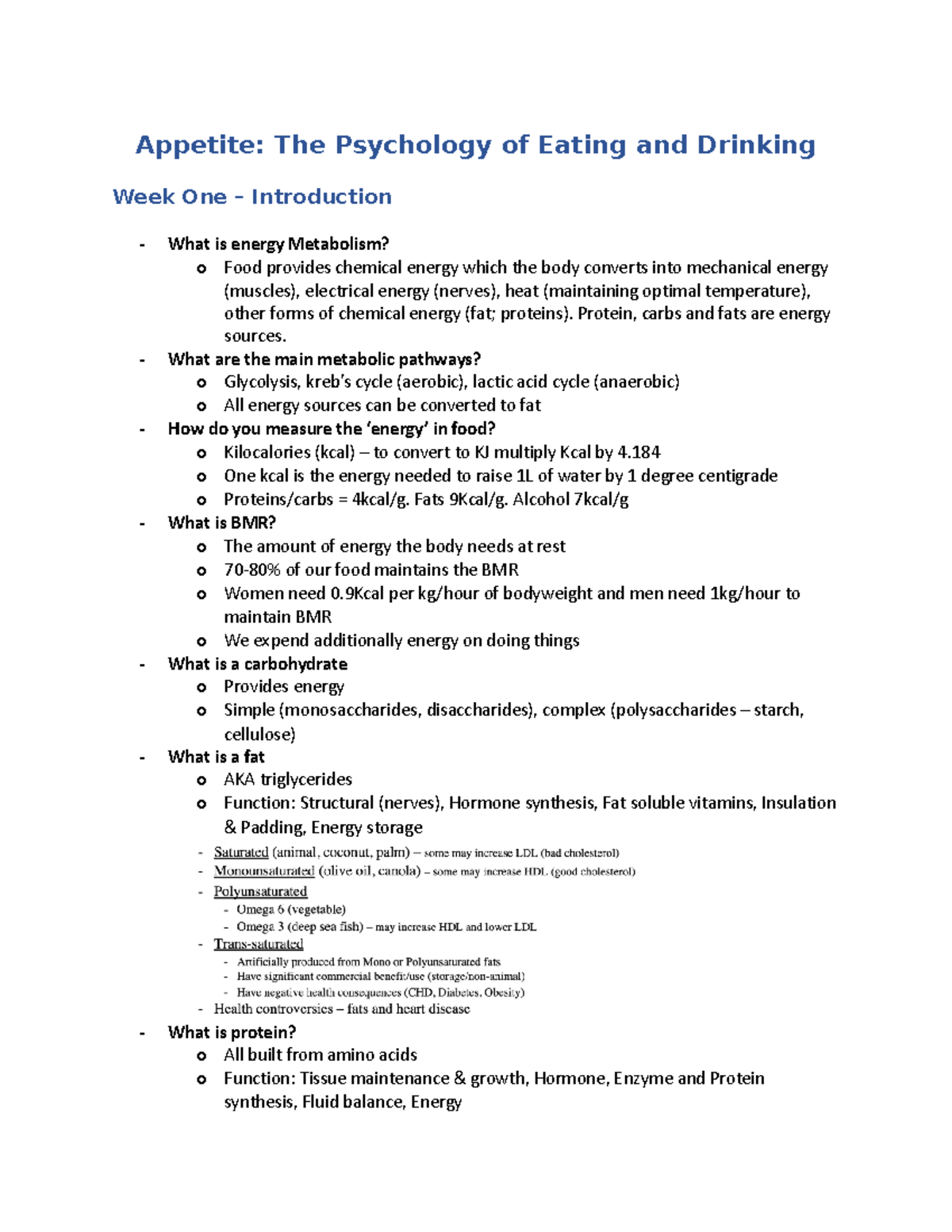 Weeks 12 notes Appetite The Psychology of Eating and Drinking Week