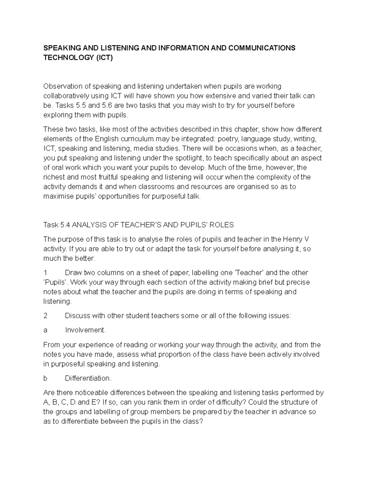 Speaking And Listening And Information And Communications Technology