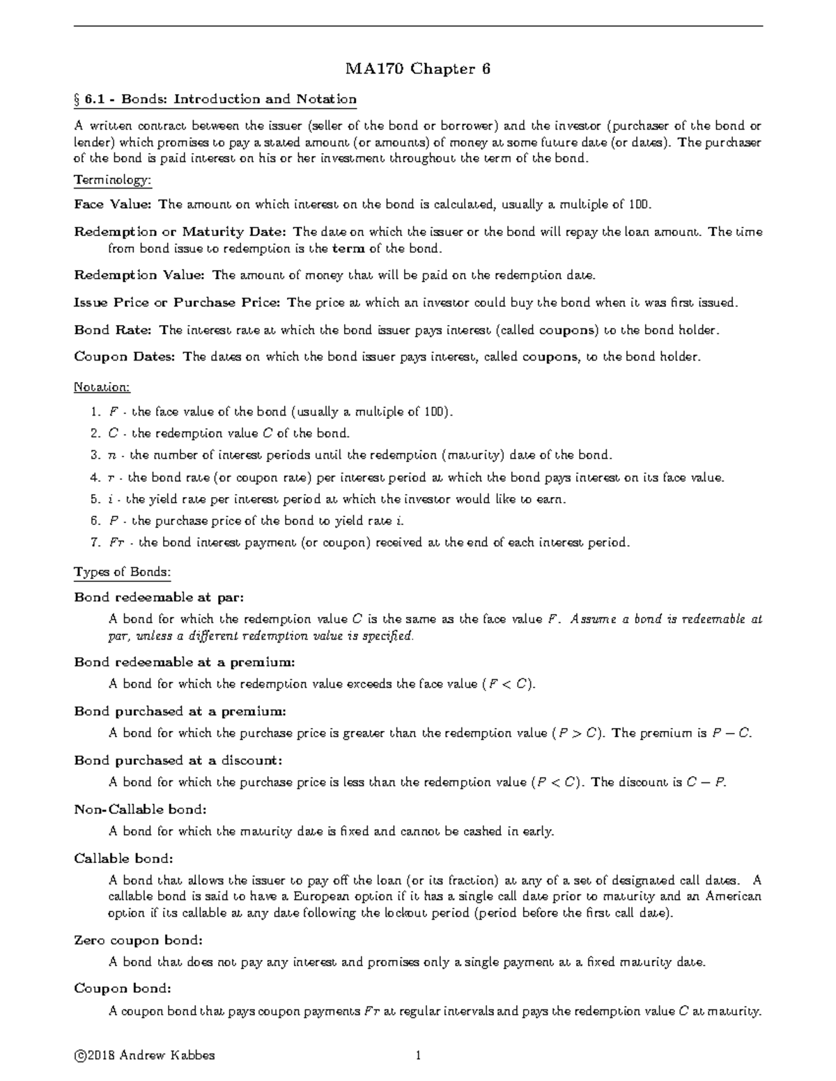 Ch6W18 - Lecture notes - MA170 Chapter 6 §6 - Bonds: Introduction and ...