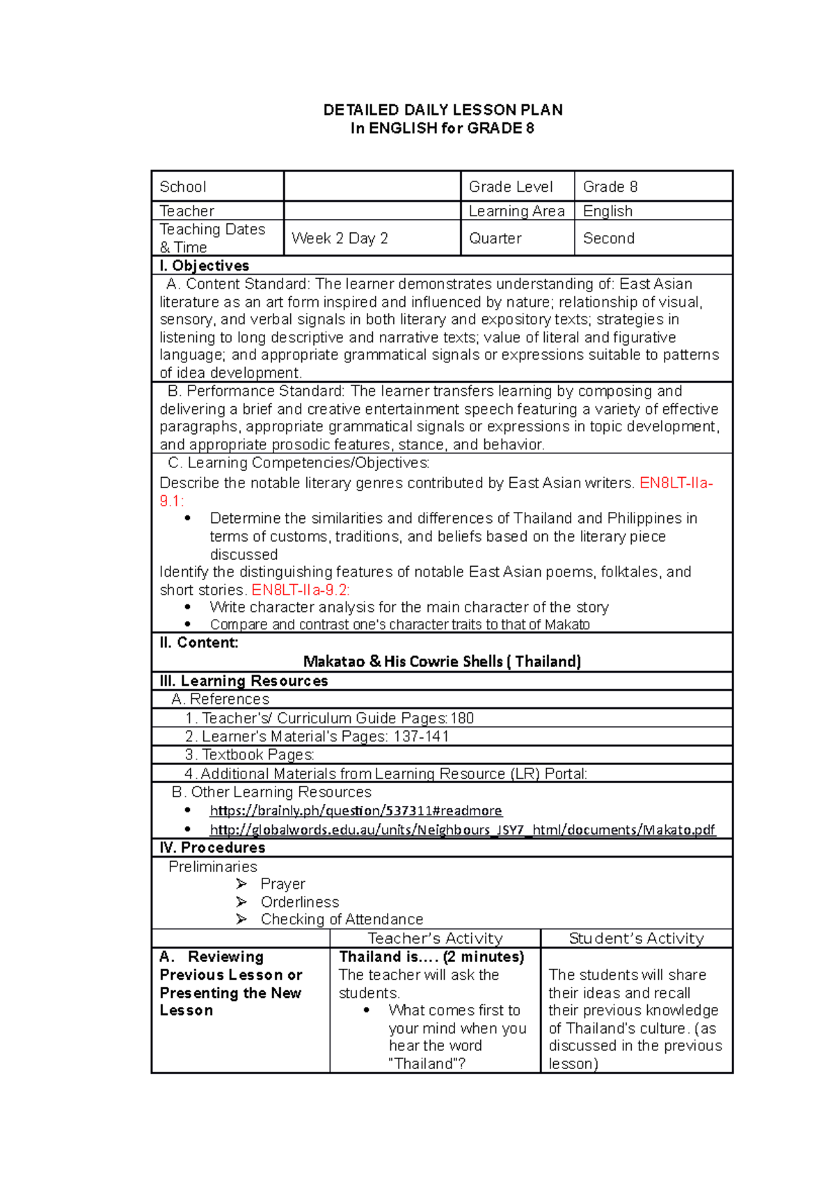 Detailed Daily Lesson PLAN In English fo - DETAILED DAILY LESSON PLAN ...