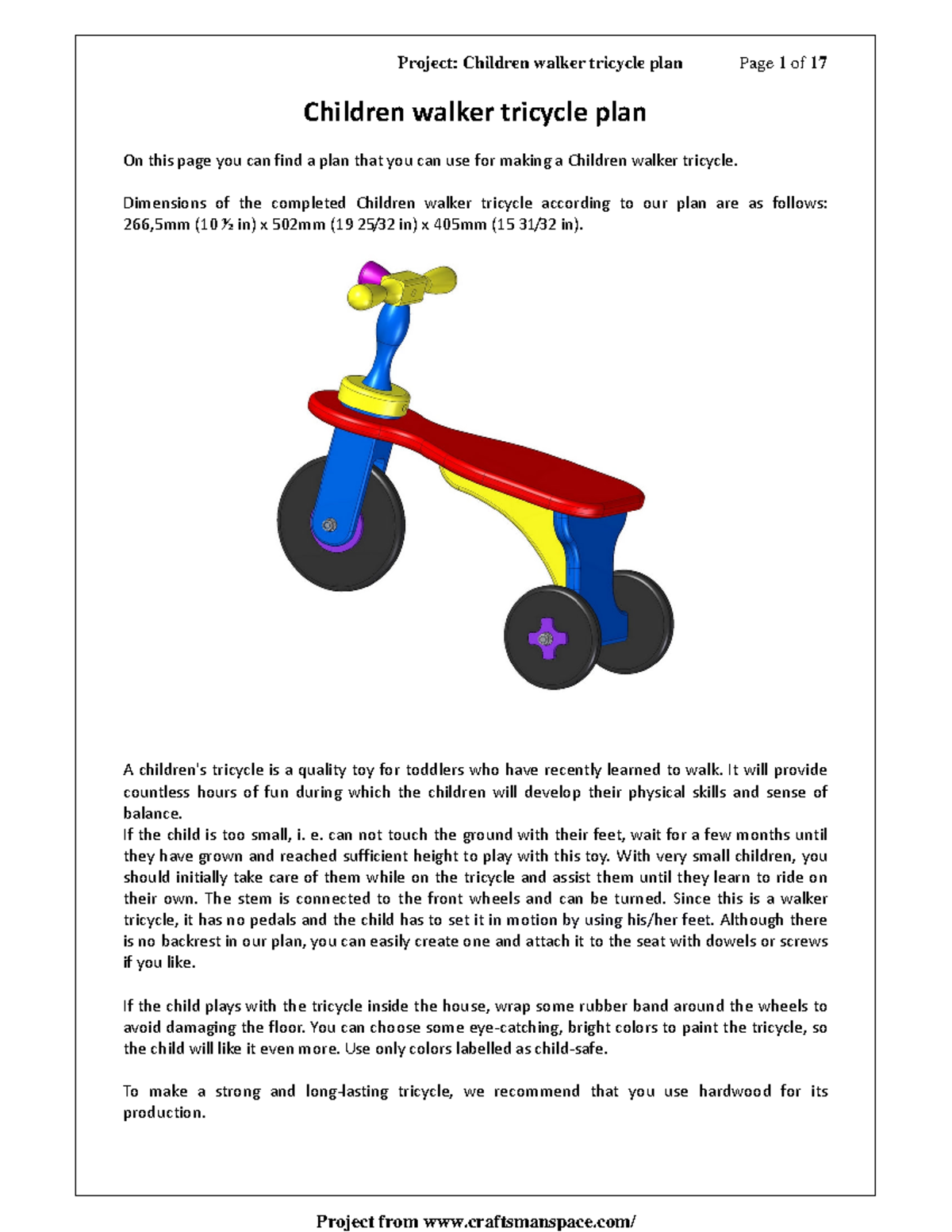 Children walker tricycle plan Dimensions of the completed Children