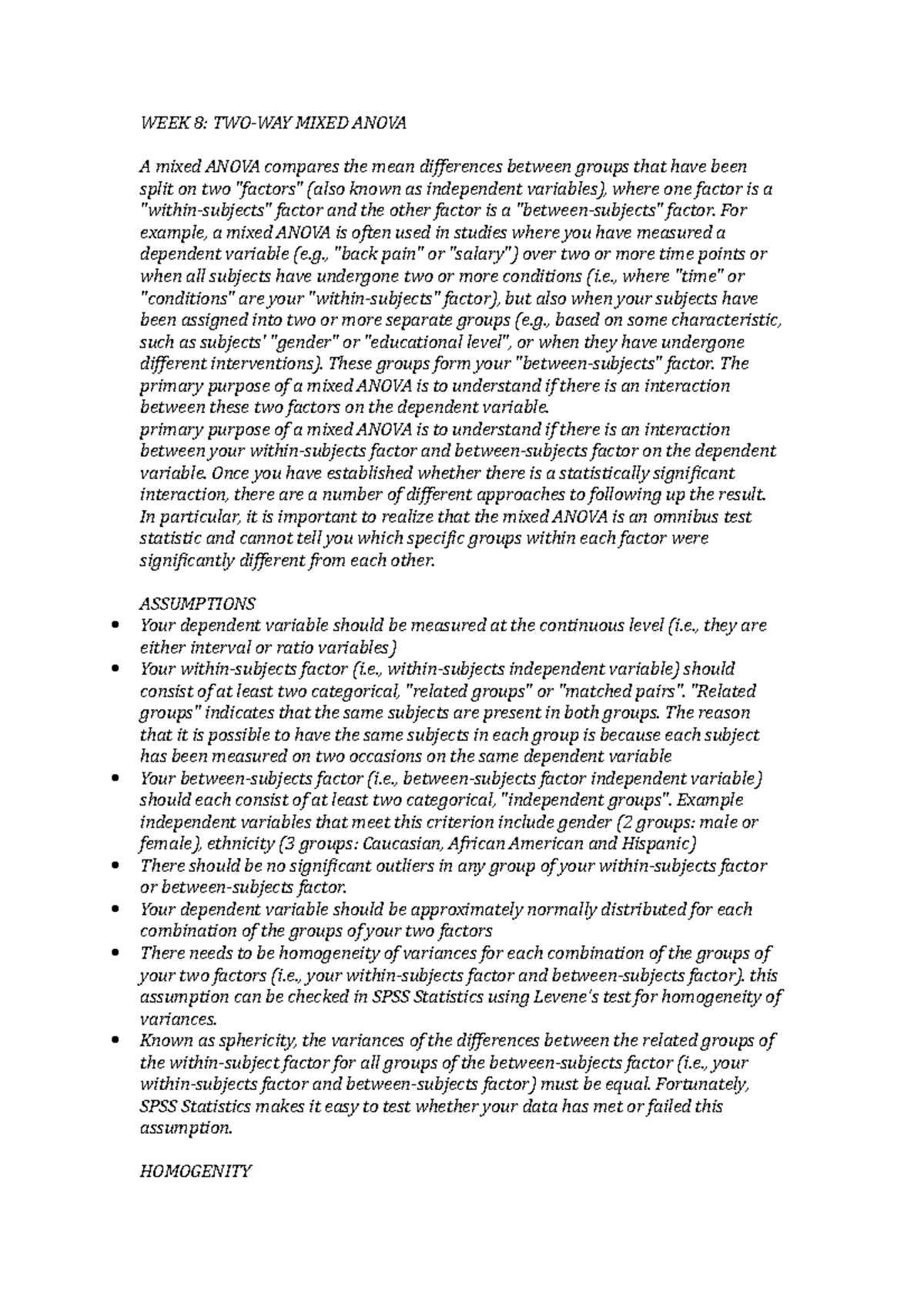 WEEK 8 notes - WEEK 8: MIXED ANOVA A mixed ANOVA compares the mean ...