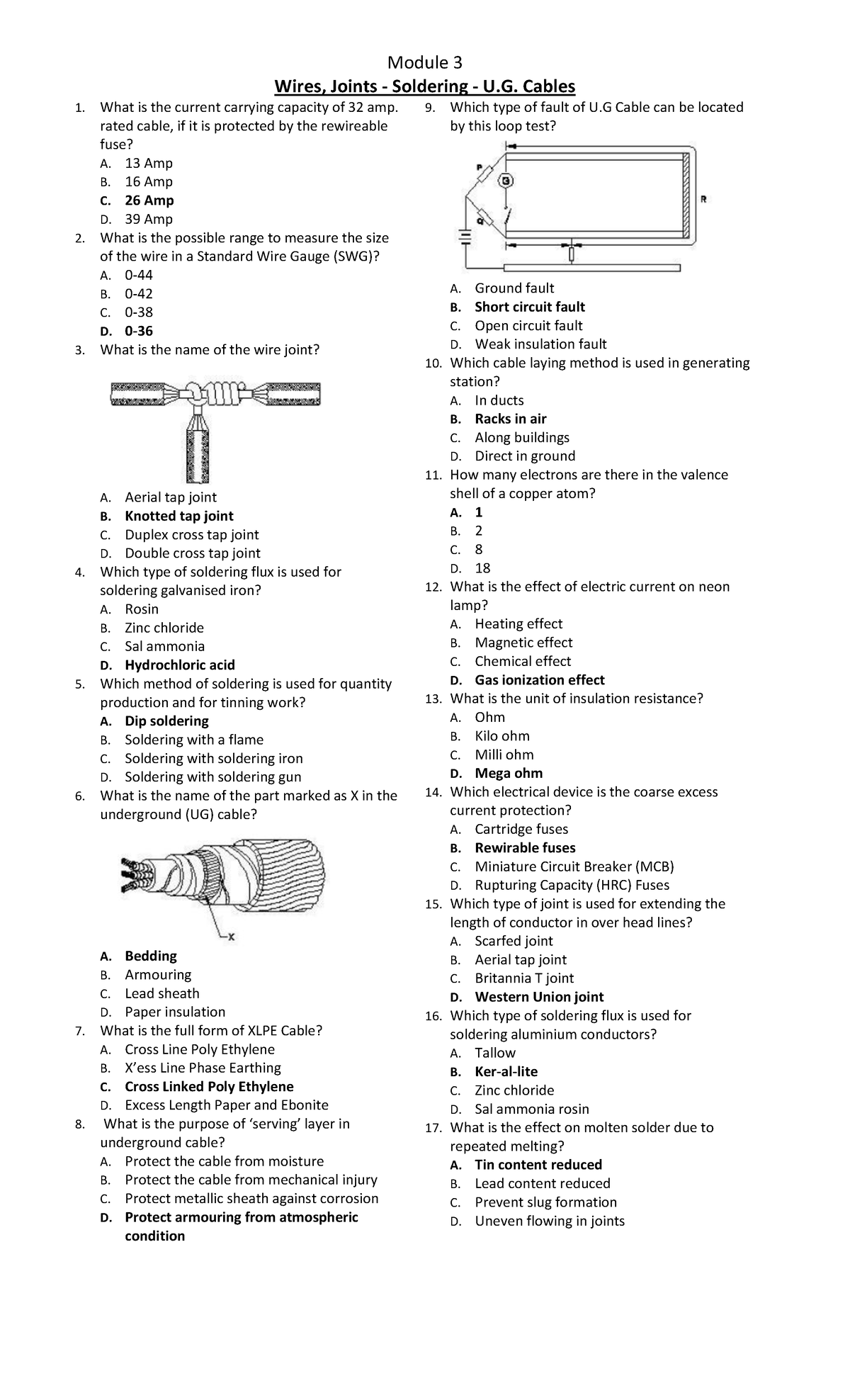 Wires, Joints Soldering U.G. Cables (Multiple Choice Questions with