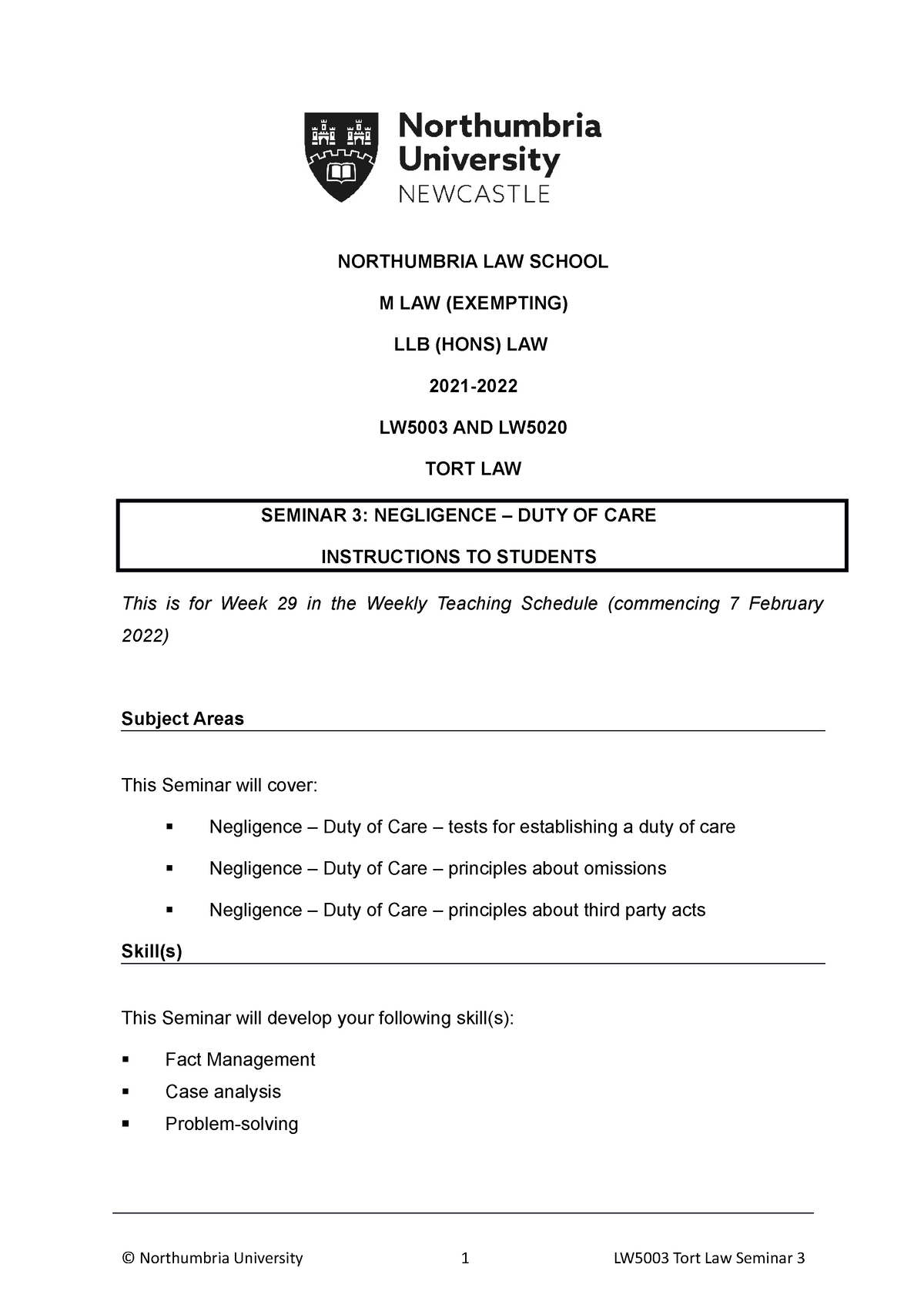 2021-22 Lw5003 Tort Seminar 3 - Student Instructions - Northumbria Law  School M Law (Exempting) Llb - Studocu