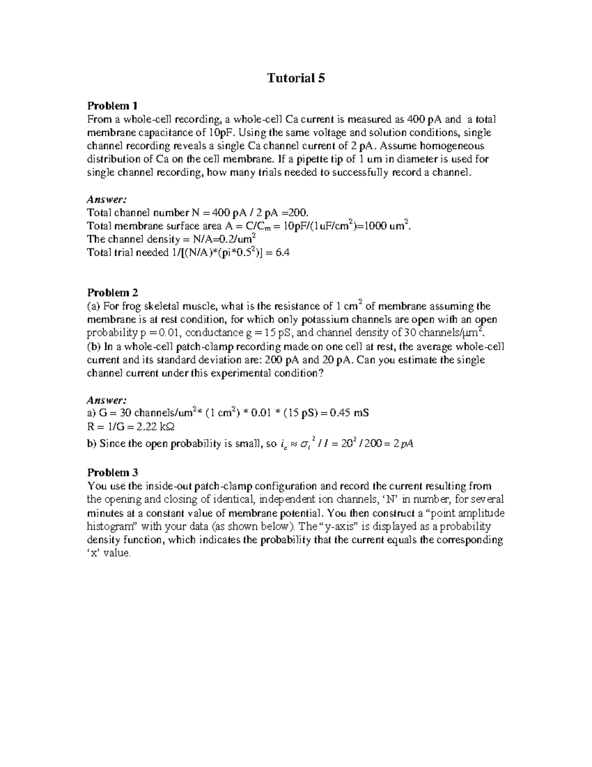 Tutorial 5 ans - Tutorial 5 Problem 1 From a whole-cell recording, a ...