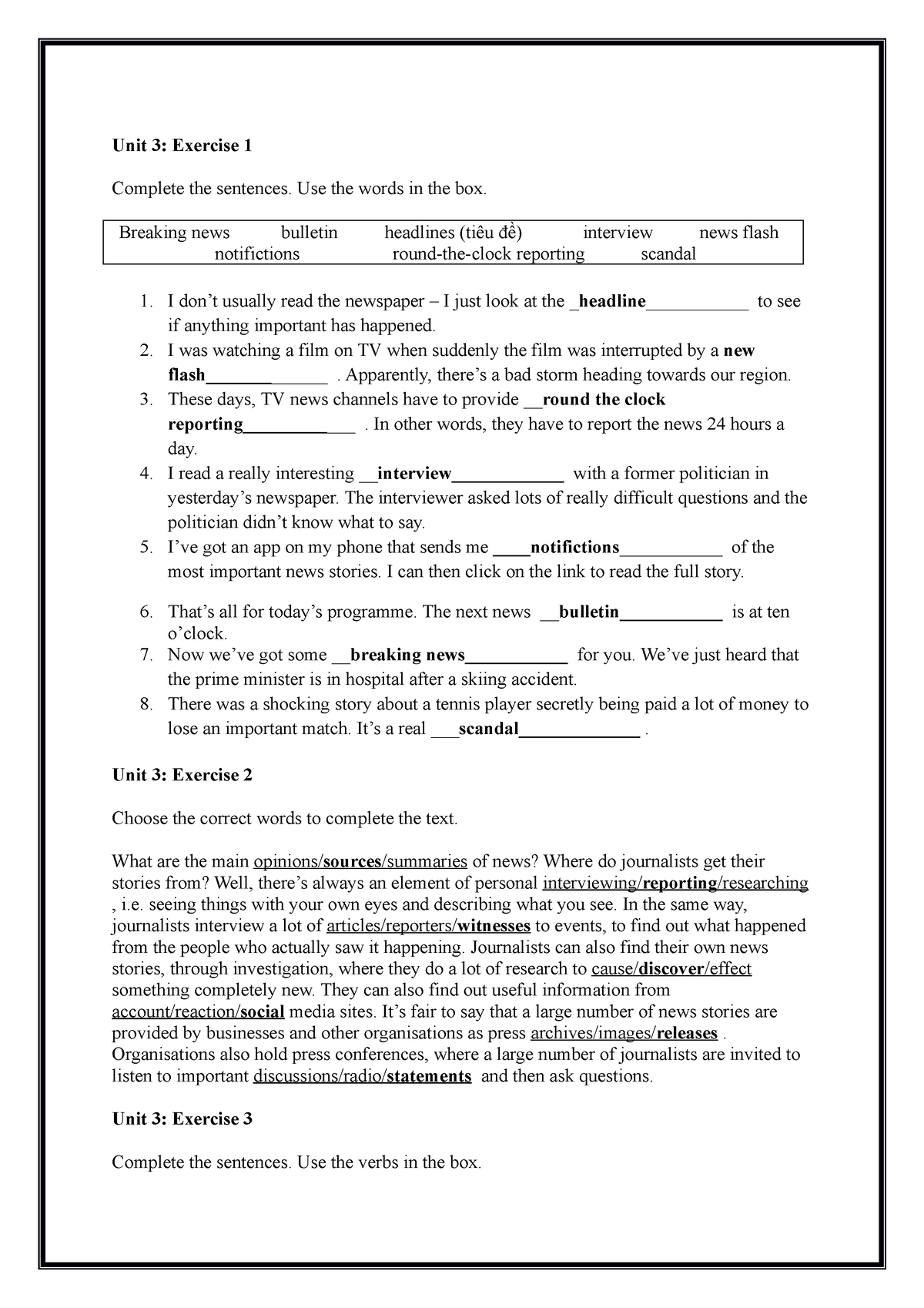 Unit 3 - Grammar Vocabulary - Unit 3: Exercise 1 Complete the sentences ...