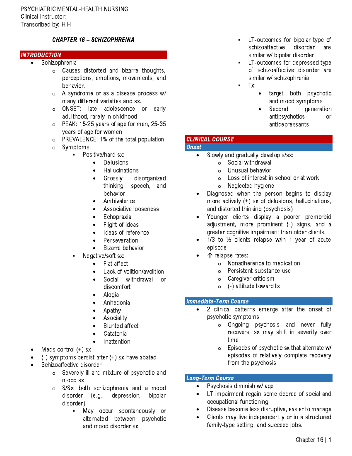 Schizophrenia - PSYCHIATRIC MENTAL-HEALTH NURSING Clinical Instructor ...