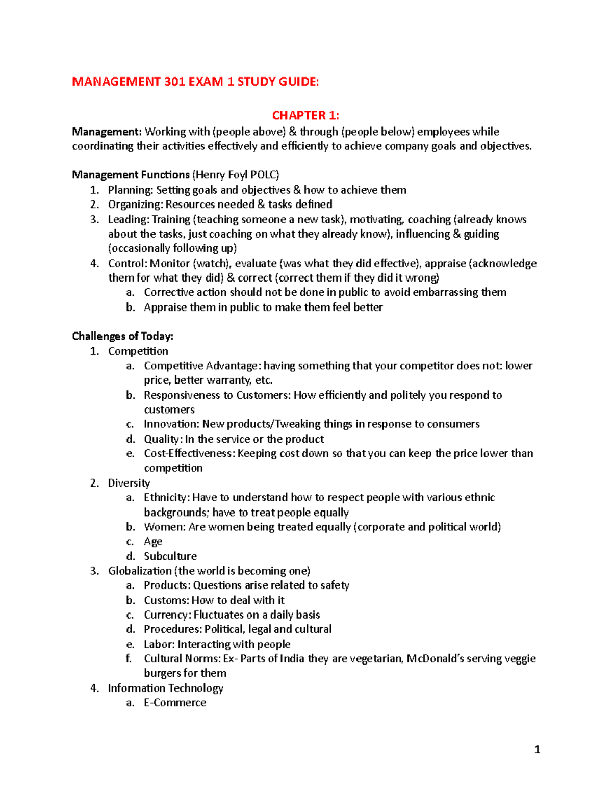 MGT 301 Study Guide - Lecture Notes - MANAGEMENT 301 EXAM 1 STUDY GUIDE ...