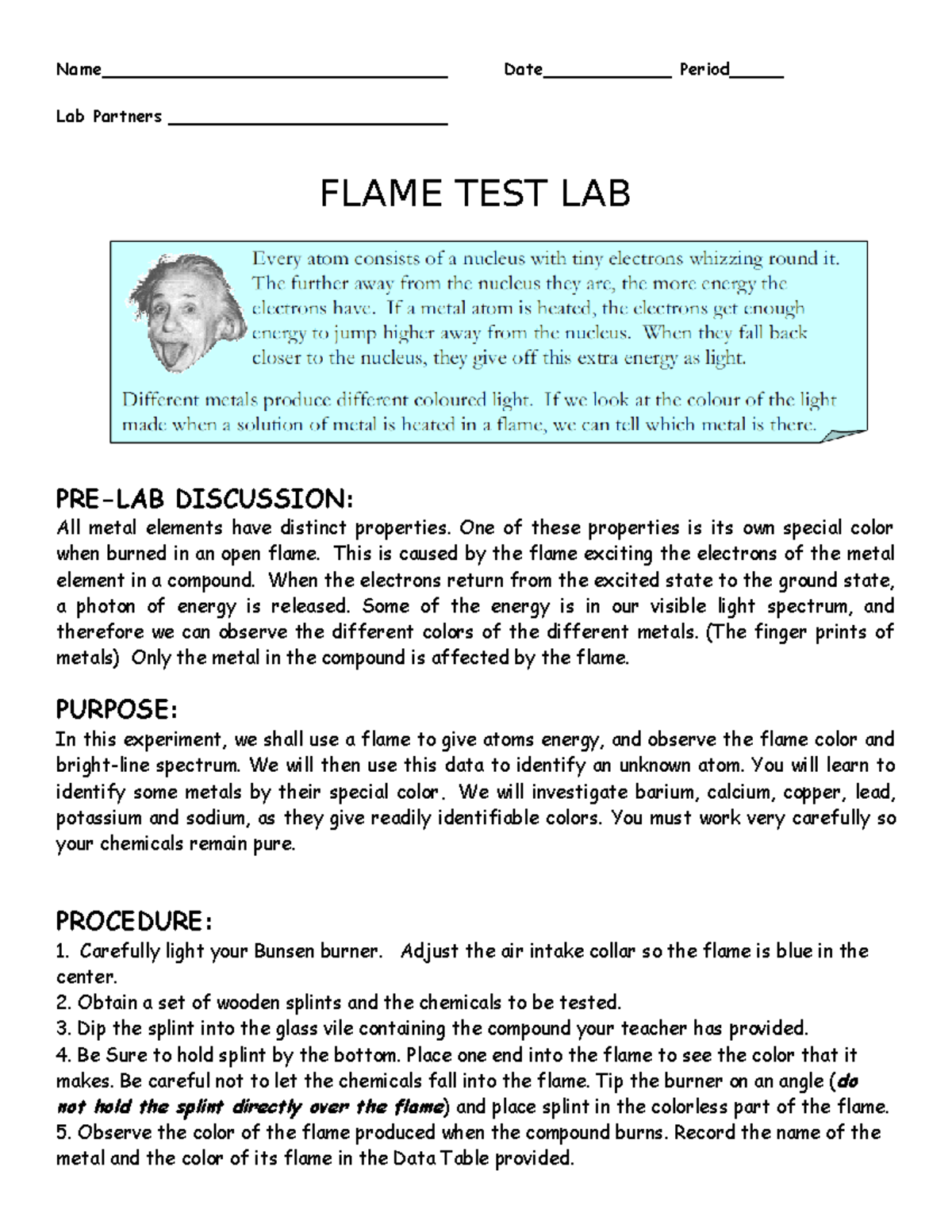 2014 Flame TEST LAB write up Name Date Period Lab Partners FLAME TEST